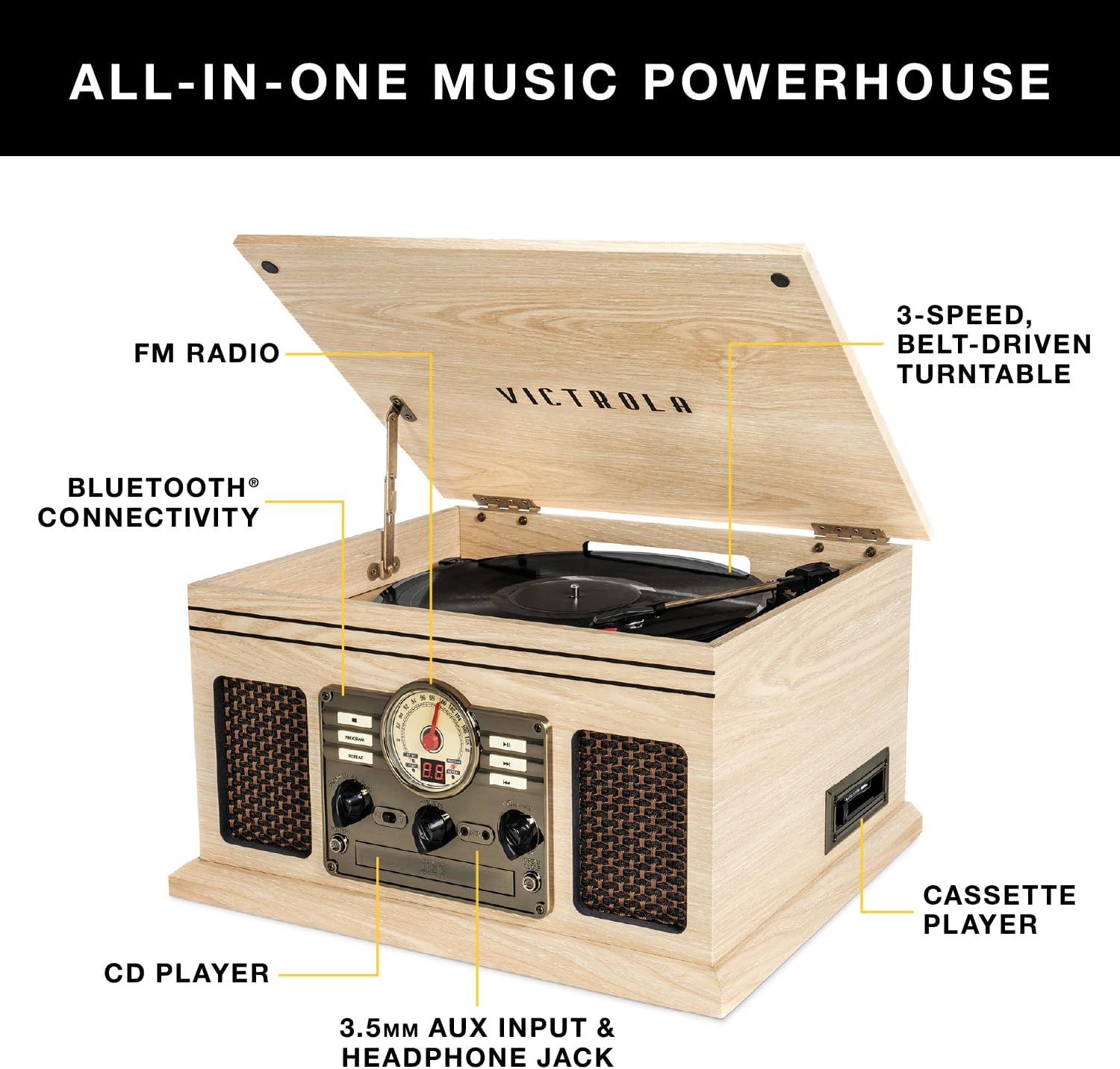 Victrola The Quincy 6-in-1 Bluetooth Record Player & Multimedia Center with Built-in Speakers – 3-Speed Turntable, CD & Cassette Player, AM/FM Radio, Wireless Music Streaming (Natural)