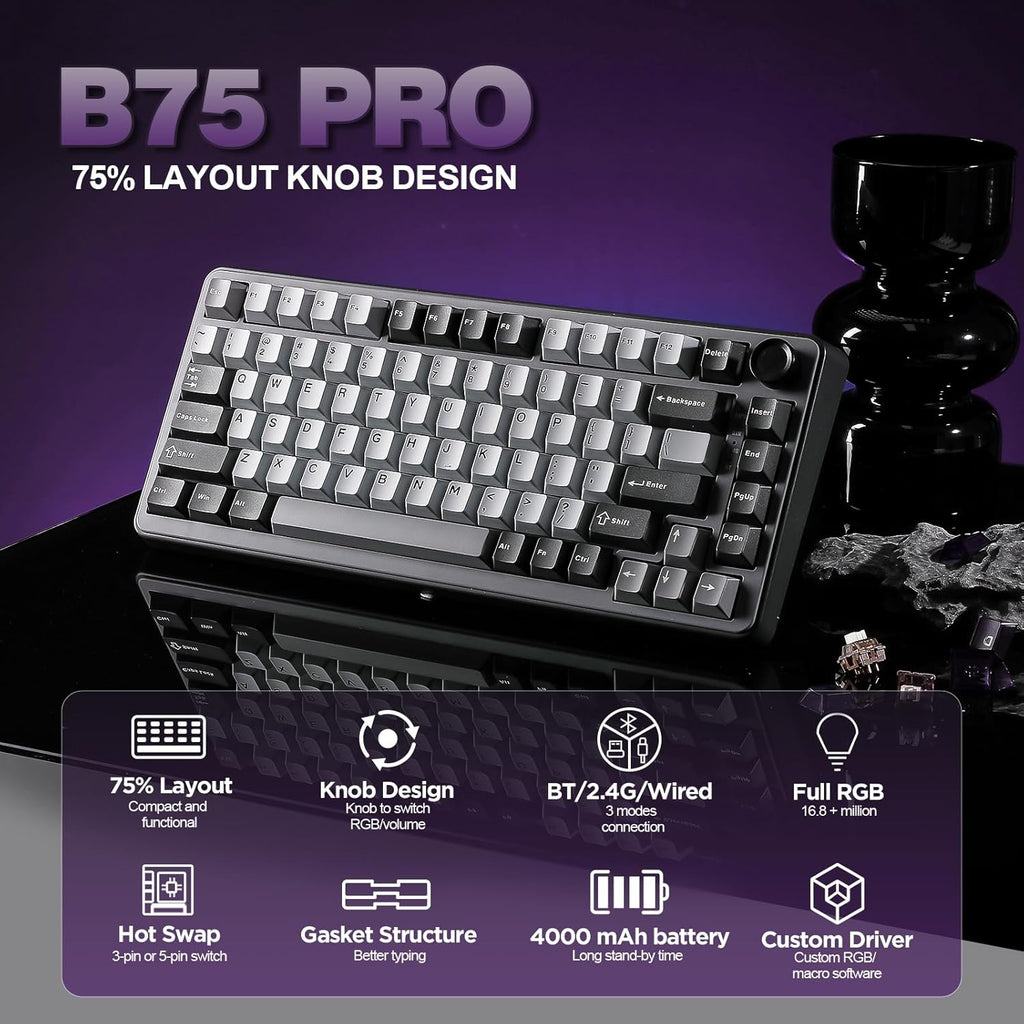 YUNZII B75 PRO Wireless Mechanical Keyboard,75% Layout with Knob,Hot Swap Gasket Custom Structure,Creamy Pre-lubed Switches,RGB Backlit,BT/Type-C/2.4G for Win/Mac(Cocoa Cream V2 Switch,Dark Grey)