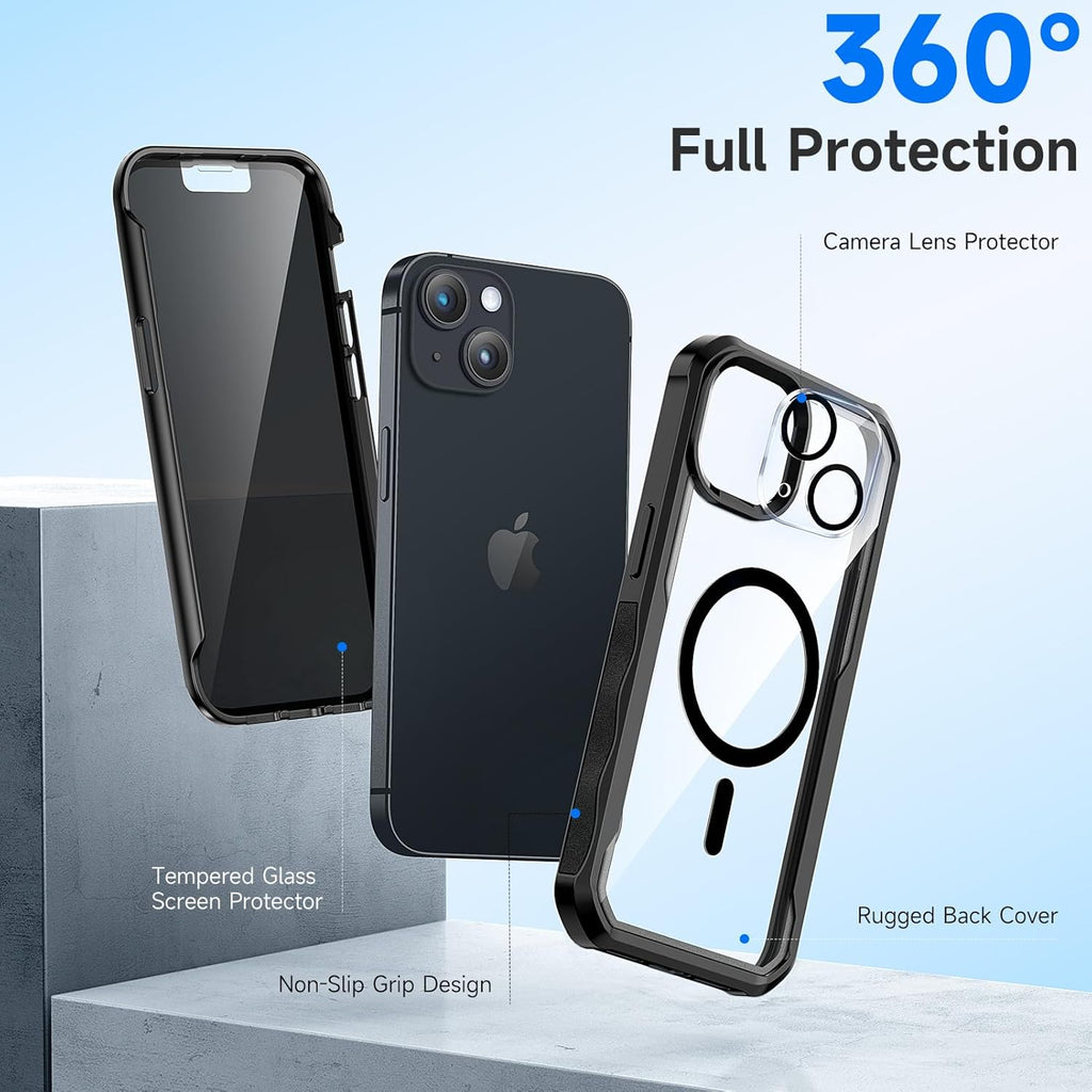 seacosmo for iPhone 14 Plus Case, Full Body Bumper with Built-in 9H Tempered Glass Privacy Screen Protector and Camera Lens Protector, Compatible with MagSafe, Shockproof Phone Cover, 6.7", Black