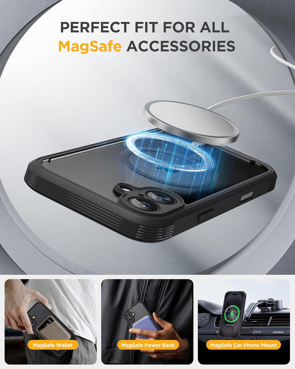 Miracase Magnetic for iPhone 16 Plus Case Full-Body Phone with Built-in Glass Screen Protector, [Compatible with MagSafe] Military Drop Proof 16 Plus Cover Bumper 6.7 inch, Black