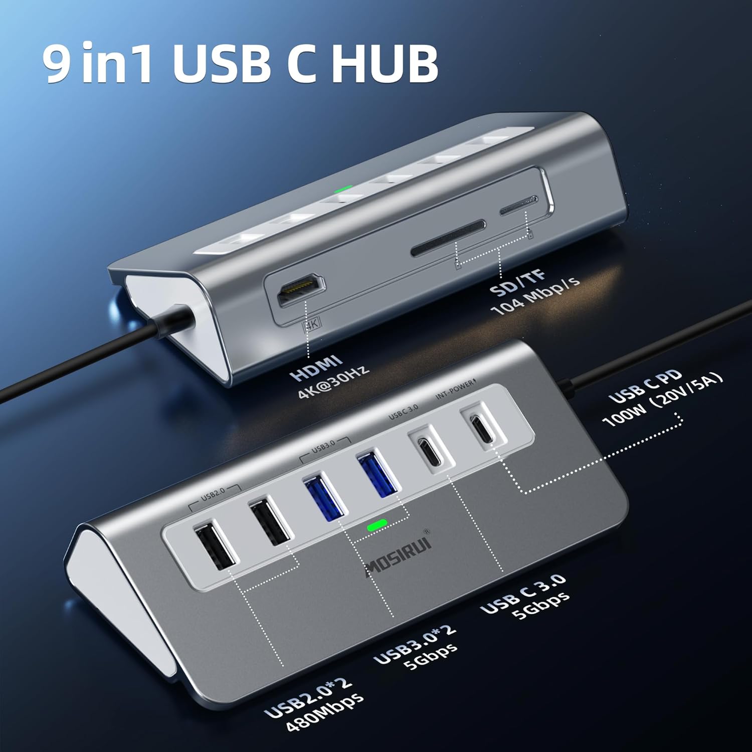 USB C Hub,Mosirui 9 in 1 USB C Hub Multiport Adapter with 4K HDMI,Type C 3.0 5Gbps,USB A 3.0/2.0,PD 100W, SD/TF Card Reader,USB C Dock for MacBook Pro/Air,iPad,iMac,iPhone,HP,Dell and More (3.3 Ft)