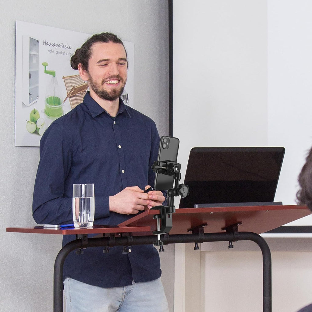 iPhone Mount for Desk/Table/Rod/Kitchen Cabinet,360°Adjustable Aluminum Alloy Phone Stand,Clip Holder Compatible with 3.5~7.5" iPhone/Nexus/HTC/Huawei/Smartphone