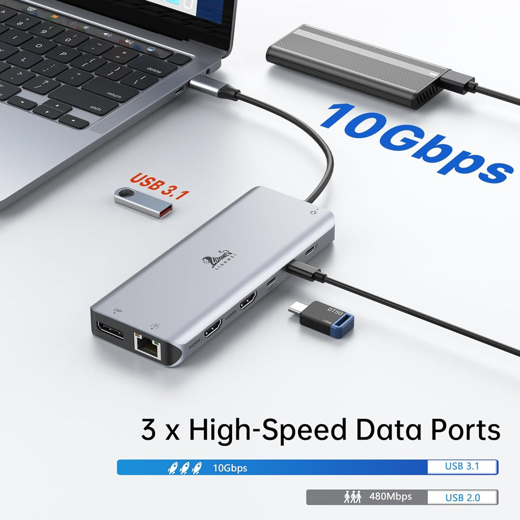 LIONWEI Laptop Docking Station 13 in 1 - Dual HDMI+DisplayPort+10Gbps, 6 USB C/A, 100W PD, Ethernet, SD/TF, Audio, USB C Hub for MacBook/Dell/HP/Surface