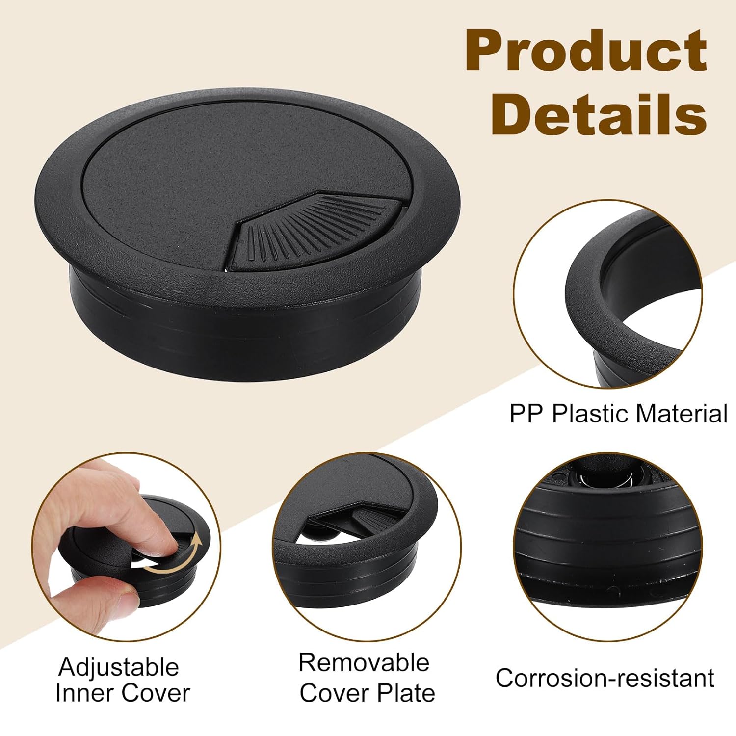 uxcell 5 Pcs 53mm (2.09 Inch) Desk Grommet, Plastic Cable Hole Cover, Wire Cord Cable Organizer for Home Office Computer Desk Cabinet, Black