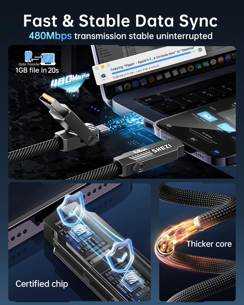 SHEZI Nylon Braided 4 in 1 USB C Cable 60W 3FT Compatible with Lightning Cable, Fast Charging for iPhone/iPad Charger Cord [480Mbps Data Sync],Multi Charging Cable with Type C/USB A, Grey