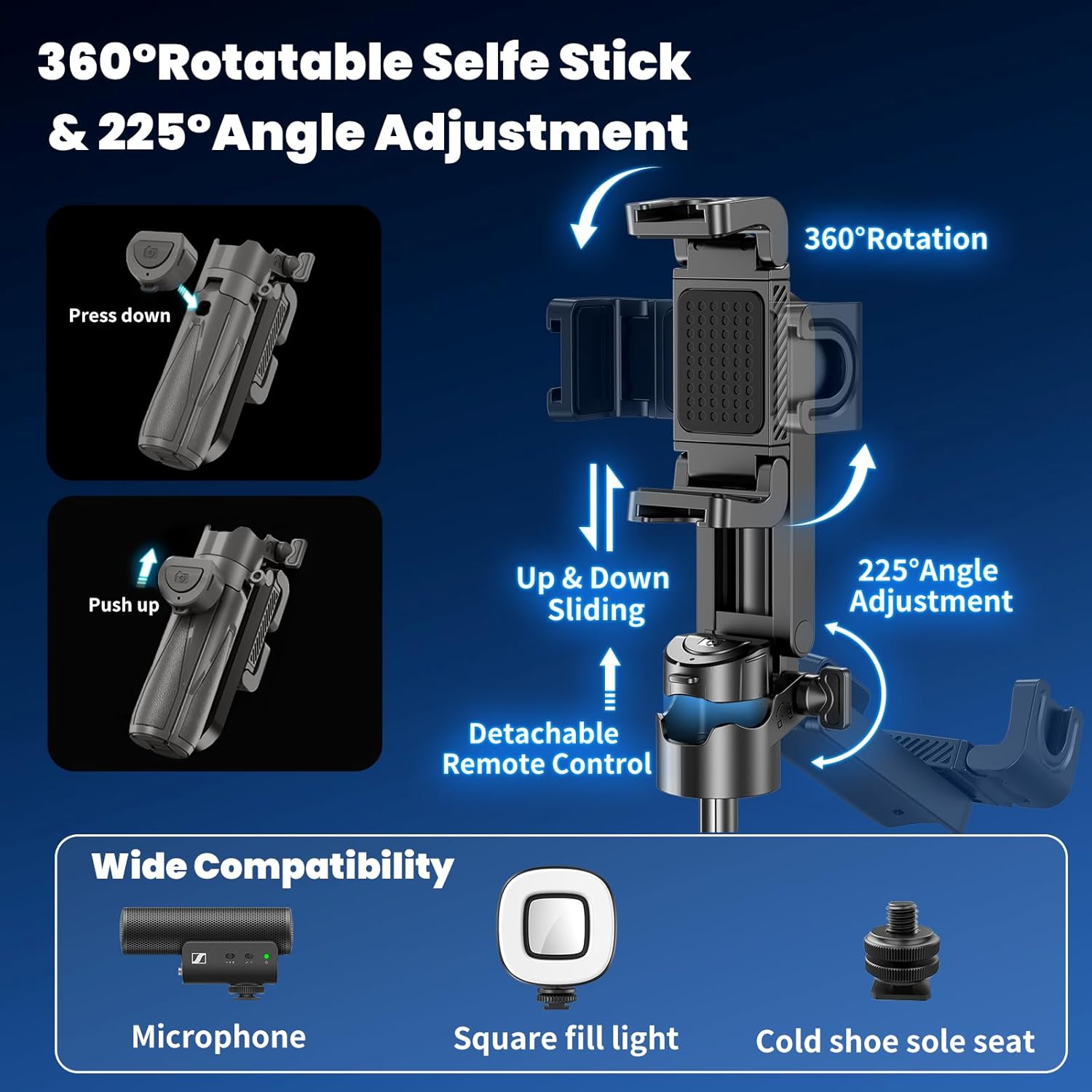 Mini Selfie Stick, Pocket Size Extendable Phone Holder with Wireless Detachable Remote Control for Content Creation/Vlog/Video Record/Live Stream