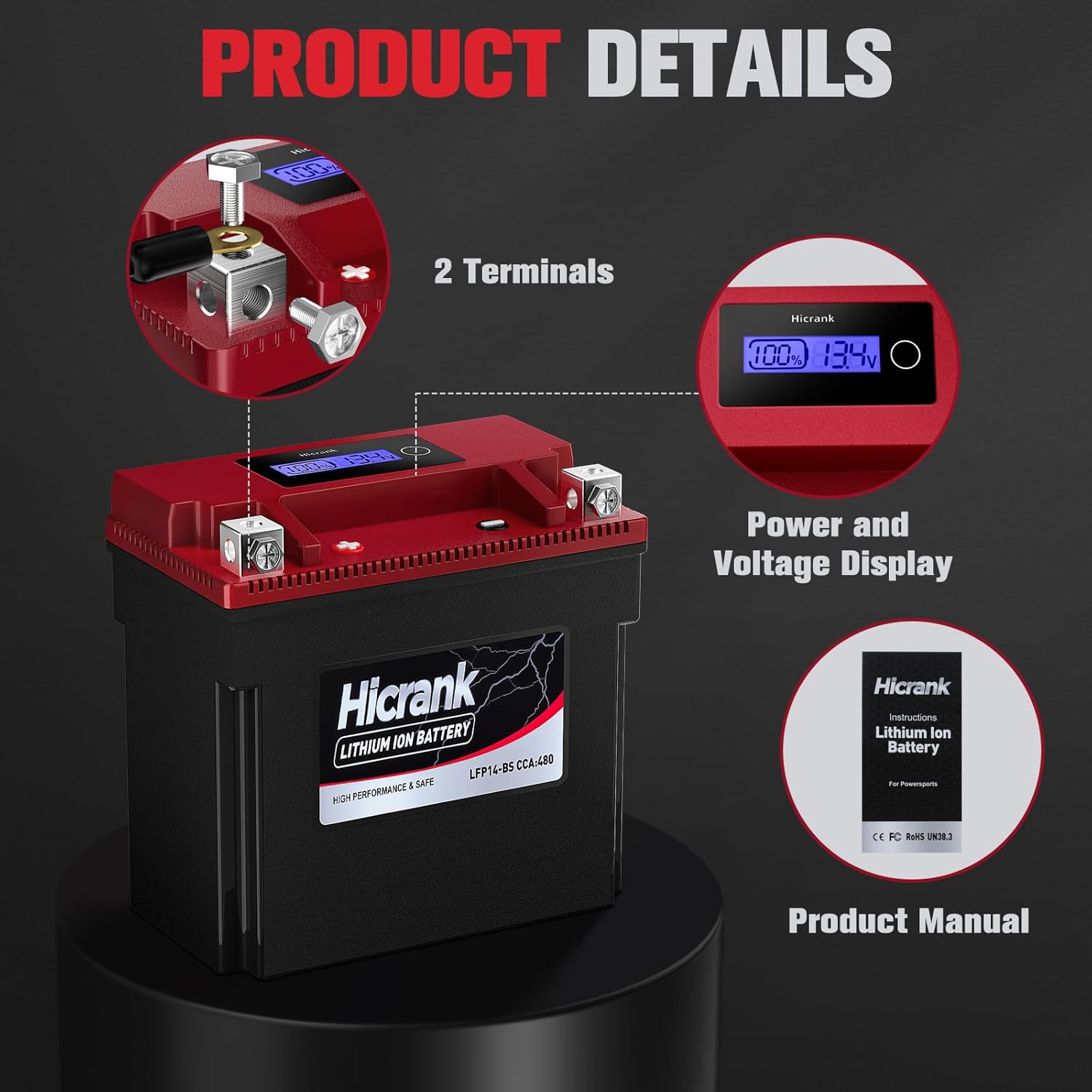 YTX14-BS, 400CCA, Lithium LiFePO4 Motorcycle Battery, Digital Readout,Fits for Kawasaki Ninja ZX-14R,Apirilia 850cc Scooter,Yamaha 660 cc ATV,Apex 1000cc Snowmobile,Honda Pioneer series UTV