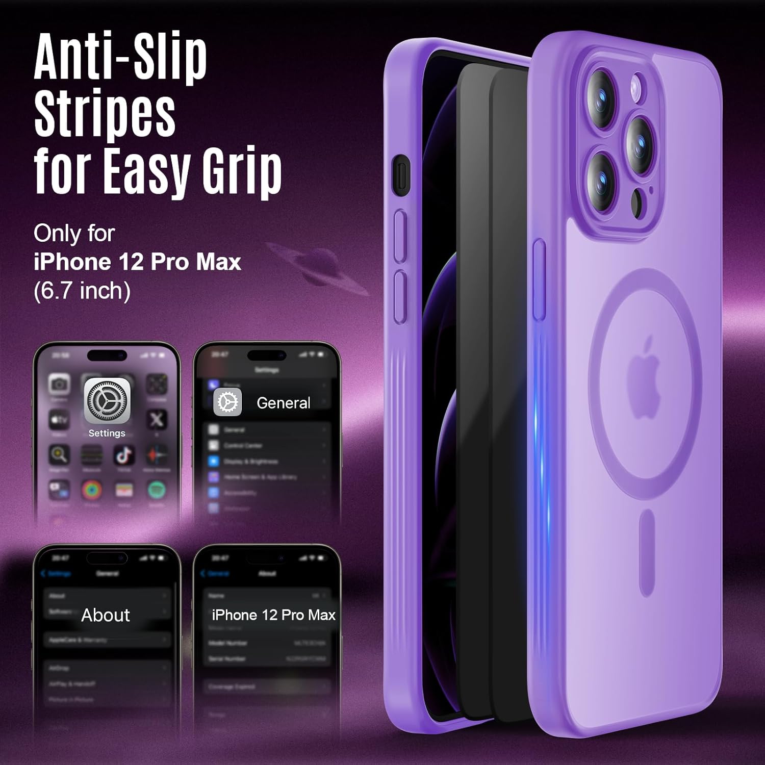 Designed for iPhone 12 Pro Max Case, Compatible with MagSafe, with Privacy Screen Protectors X2, [Camera Protection] [15FT Military Drop Protection] Shockproof Phone Case, 6.7", Light Purple