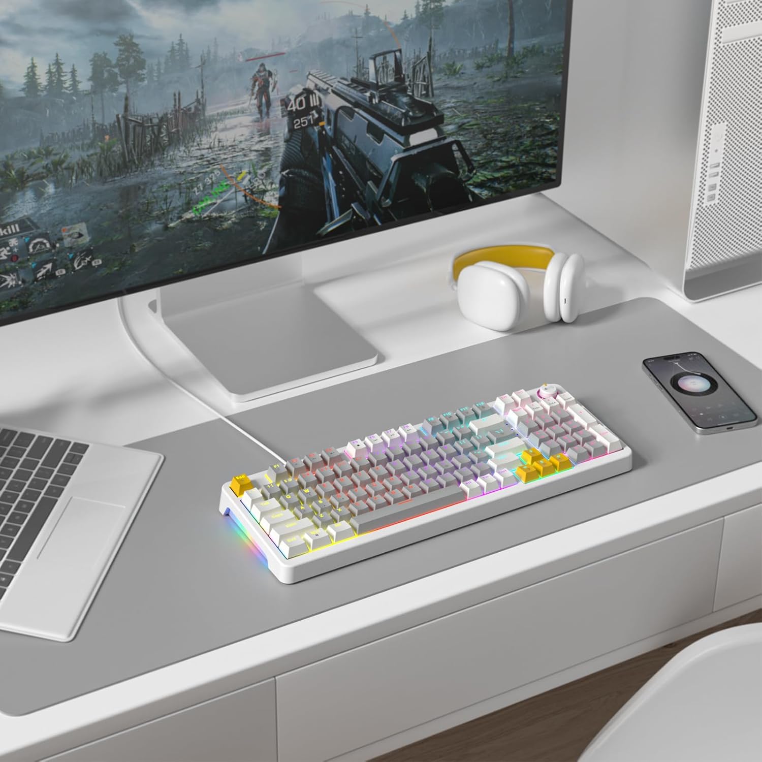 AK96 Smart Mechanical Keyboard Gaming, 96 Keys Full Size with LED Colorful Backlit, Clicky Creamy Sounding, USB Wired Computer Keyboard with Volume Knob for PC, Mac, Windows(Grey)