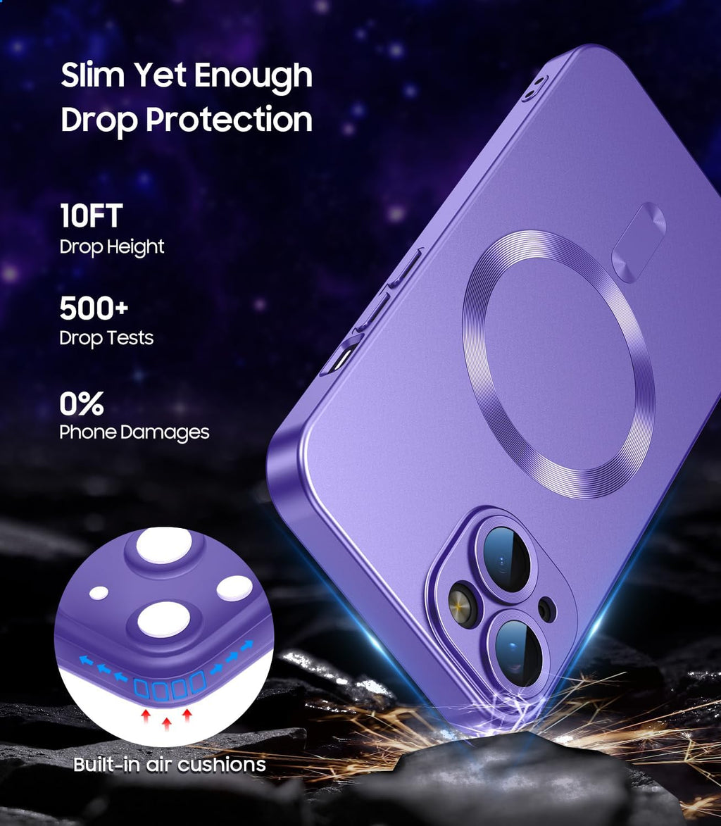 Magnetic for iPhone 14 Case [Compatible with MagSafe][Built-in Camera Lens Protector] Slim Soft Silicone Bumper Shockproof Metallic Luster Phone Case (Purple)