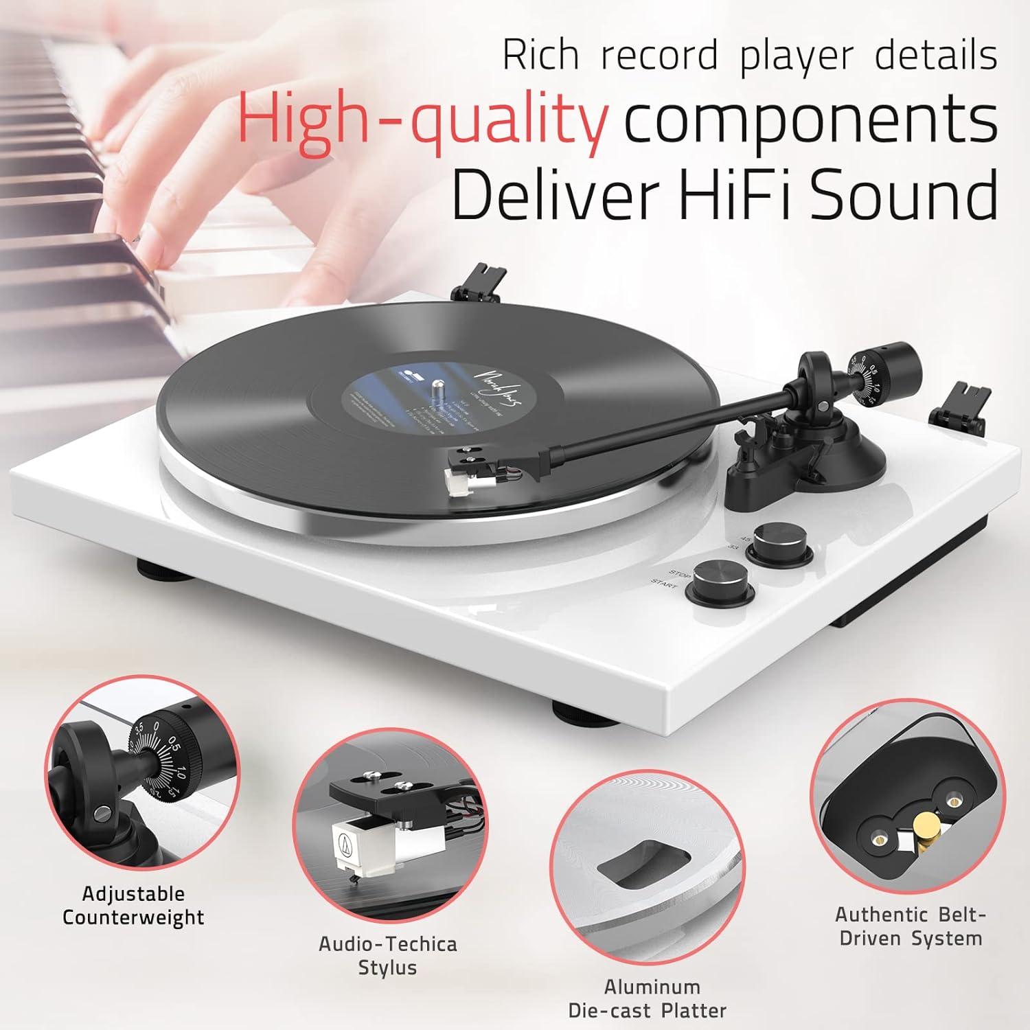 Turntables Record Player for Vinyl with Wireless Output Connectivity Belt-Drive 33 45 RPM Speed Phono Line USB Digital to PC Recording MM Audio Cartridge Stylus Adjustable Counterweight Piano White