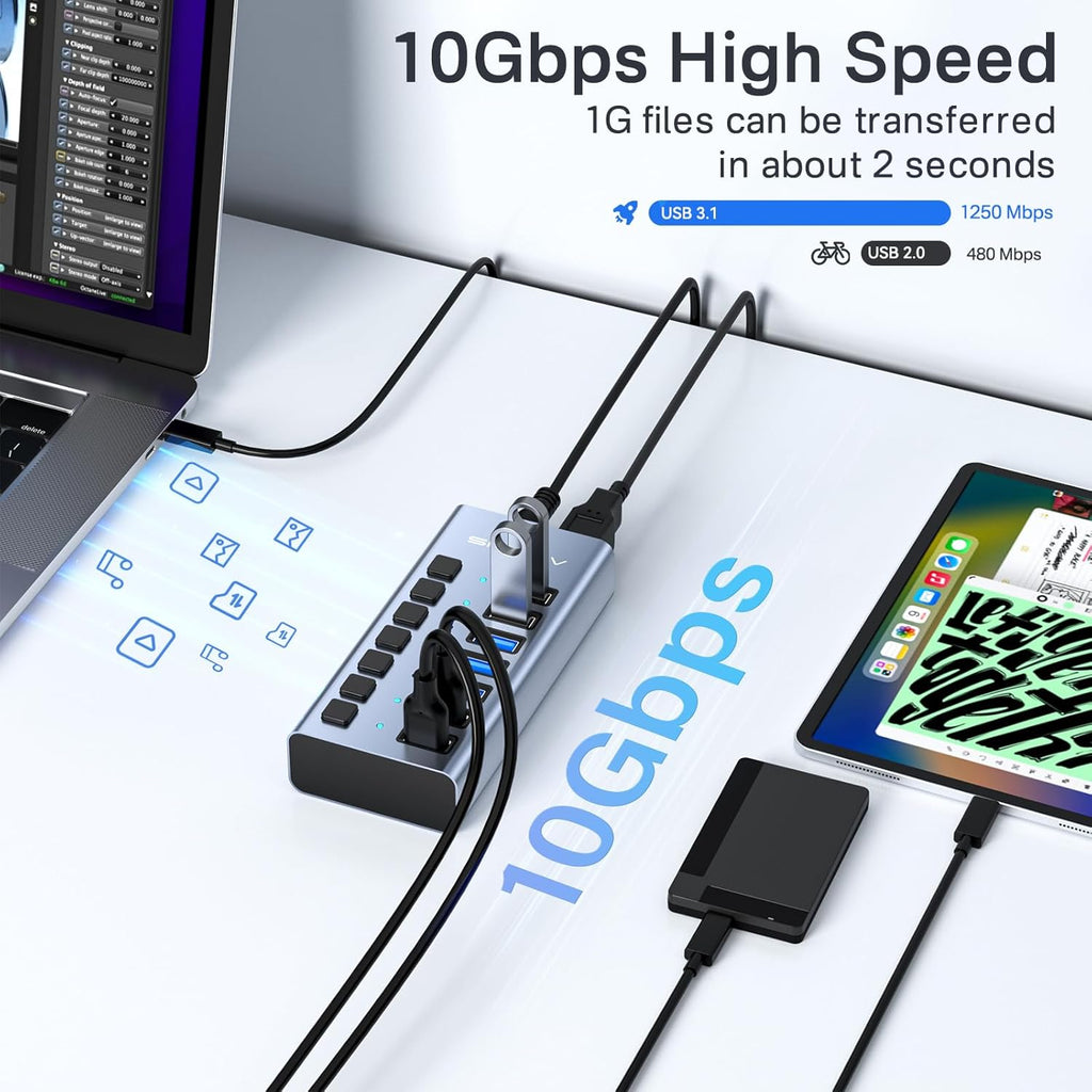 Powered USB 3.1 Hub, ACASIS 7 Ports USB 3.1 Hub with 10Gbps Data Speed，Aluminum Housing, USB Hub Powered with 24W Power Adapter, USB Hub for PC/Laptop, Computer, Flash Drive, Printer, Camera