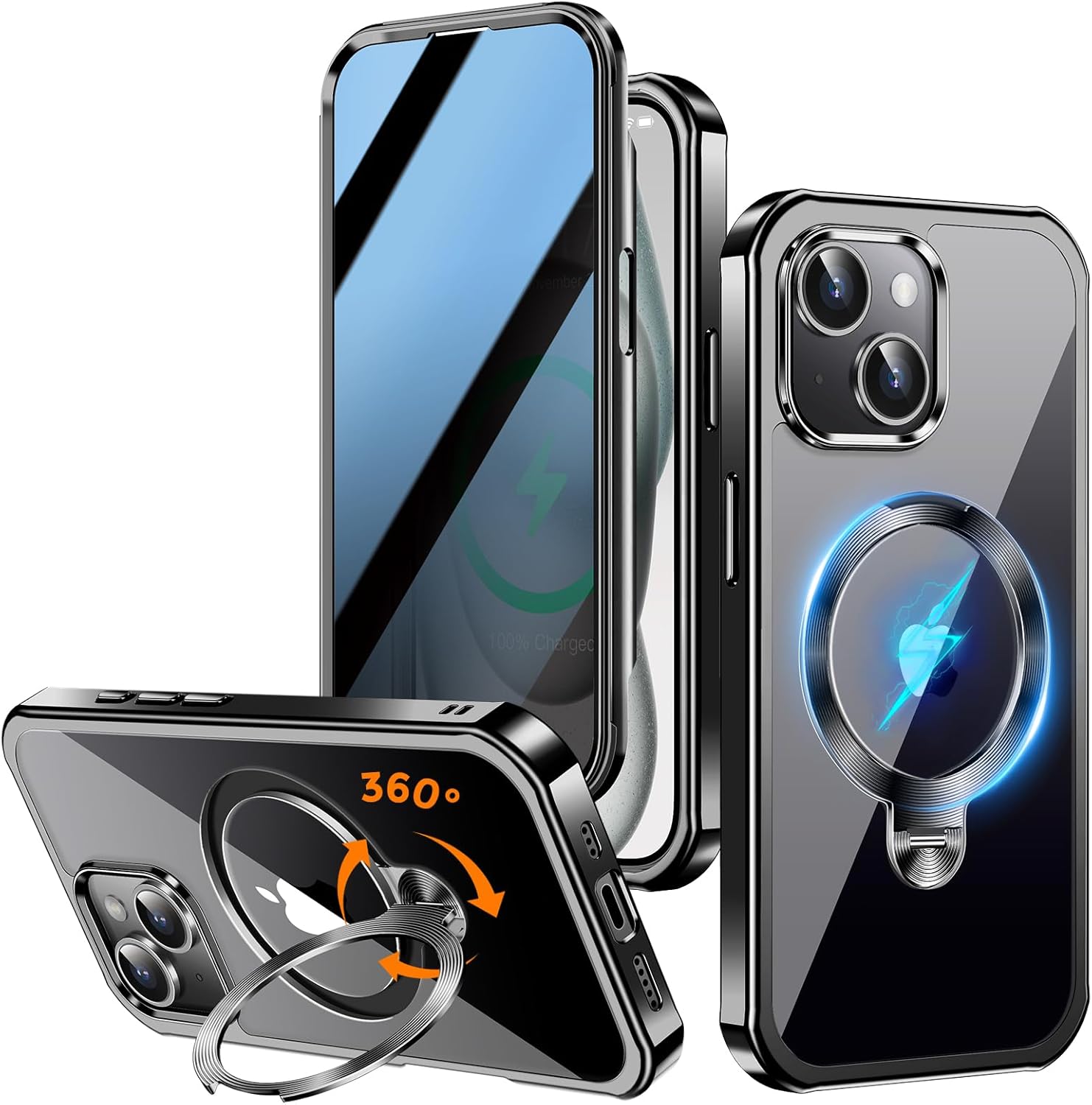 [360° Rotatable CD Stand & Built-in Privacy Screen Magnetic Case for iPhone 15 [Compatible with MagSafe & Full Signal] Mil-Grade Shockproof Full Body Anti-Spy Cover for 15-Black