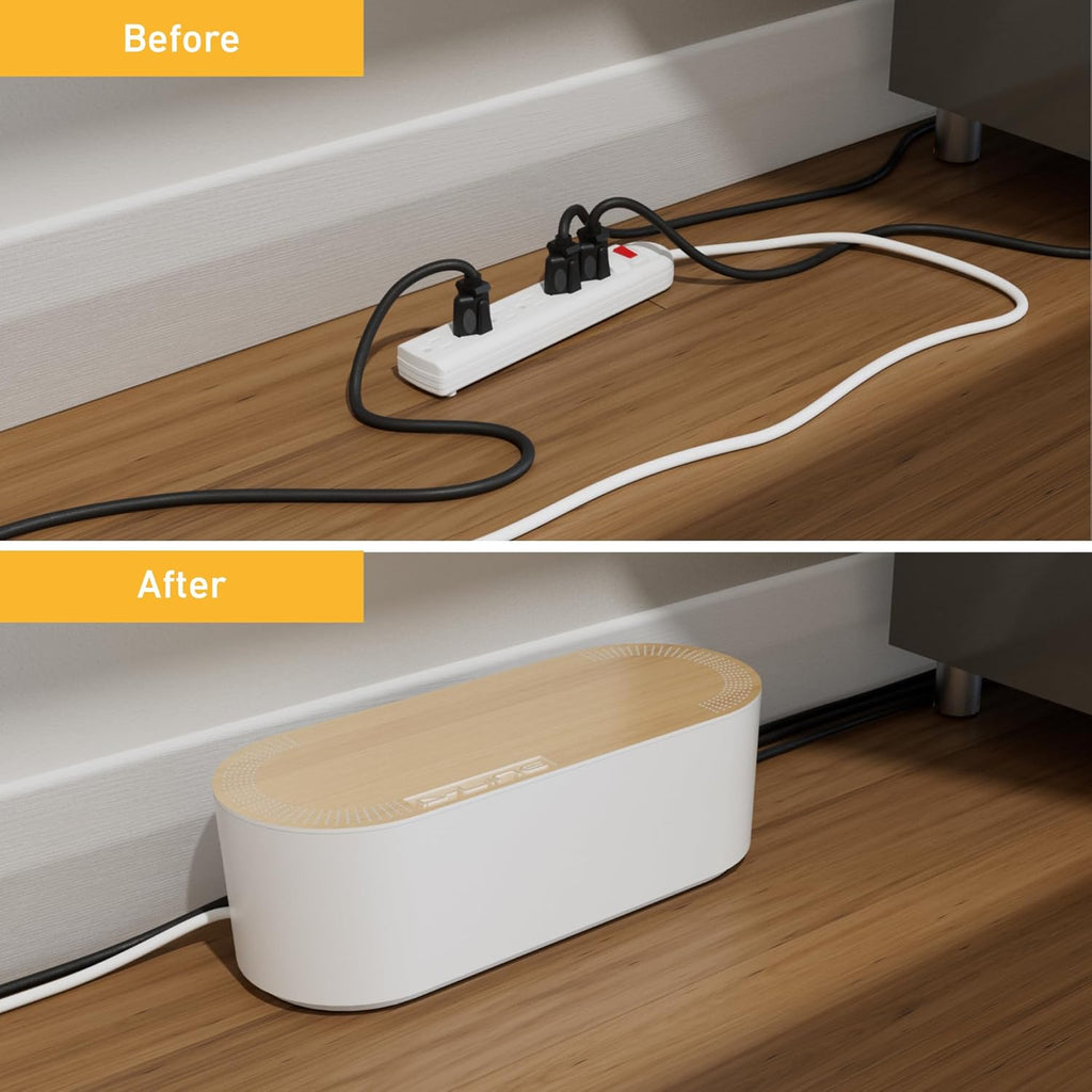 D-Line Cable Management Box, Power Strip Holder, Floor Outlet Hiders, Desk Cord Organizer, Cover TV Wires, Wire Storage, Extension Hider, Office Concealer for Cords - Large, Wood-Effect Lid