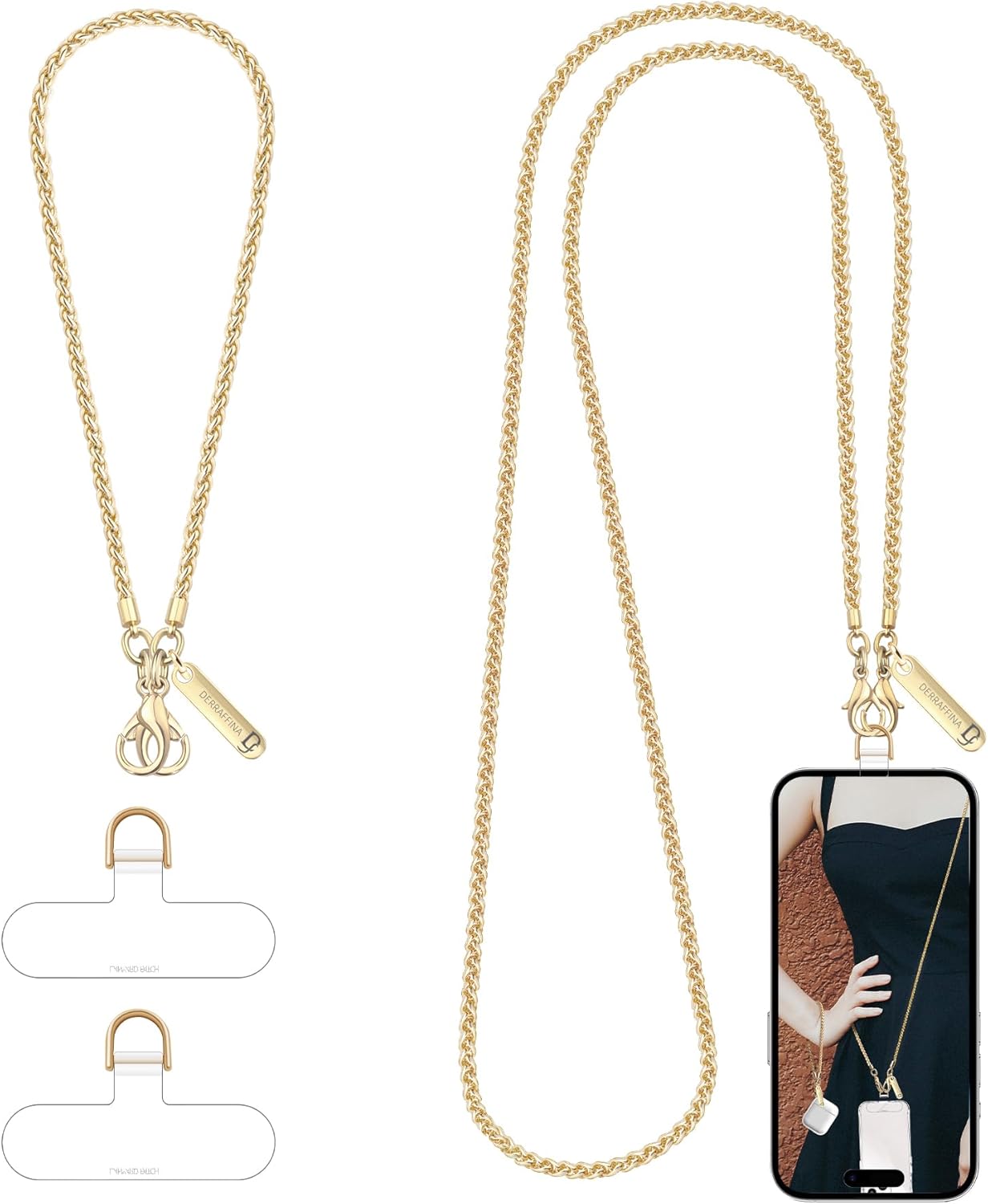 Metal Phone Chain, Crossbody Detachable Phone Lanyard with 1*Wrist Strap & 2* Tether Tabs for iPhone and Smartphones (Gold,Extend)