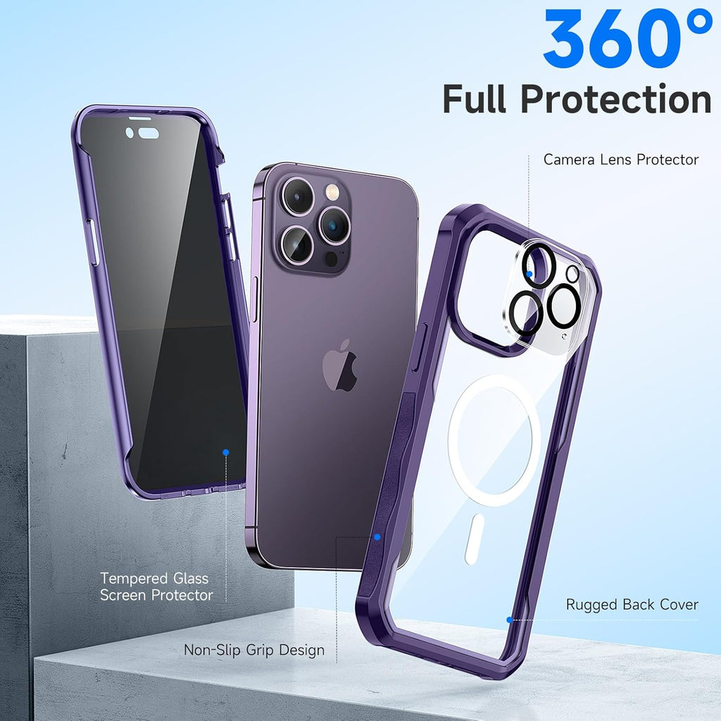 seacosmo for iPhone 14 Pro Max Case, Full Body Bumper with Built-in 9H Tempered Glass Privacy Screen Protector and Camera Lens Protector, Compatible with MagSafe, Shockproof Phone Cover, 6.7", Purple