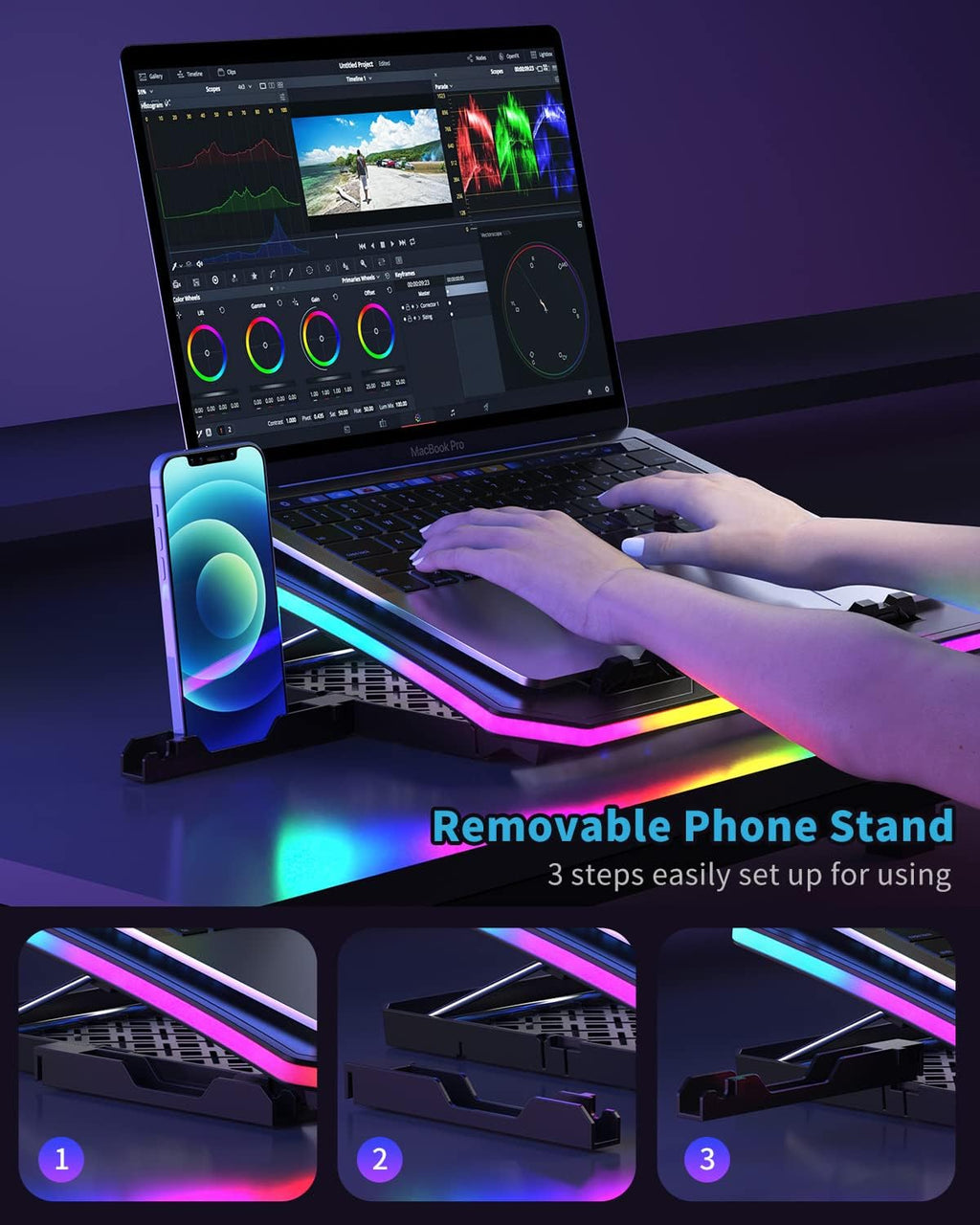 Laptop Cooling Pad, KeiBn RGB Laptop Cooler for 15.6-17.3 Inch Laptops, with 10 Modes Lights | 6 Fans | 7 Height Stands | 2 USB Ports | Desk or Lap Use (A8/Purple)