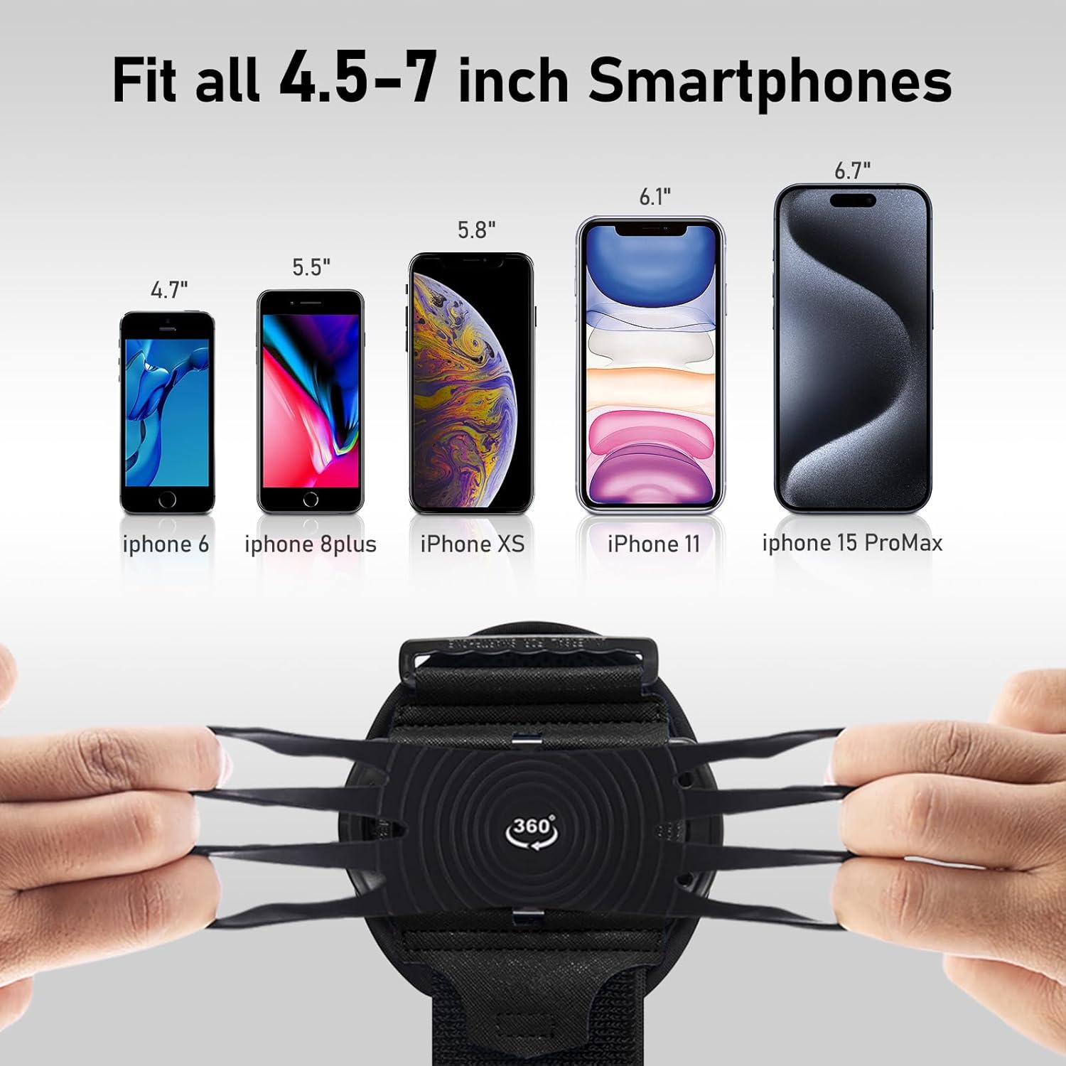 Wristband Phone Holder for Running,Forearm Armbands 360° Rotatable & Detachable Compatible with All 4.5-7 inch Cellphone for iPhone 16/15/14/Pro/ProMax/13/12/11/mini/XS/XR,for Workout Jogging
