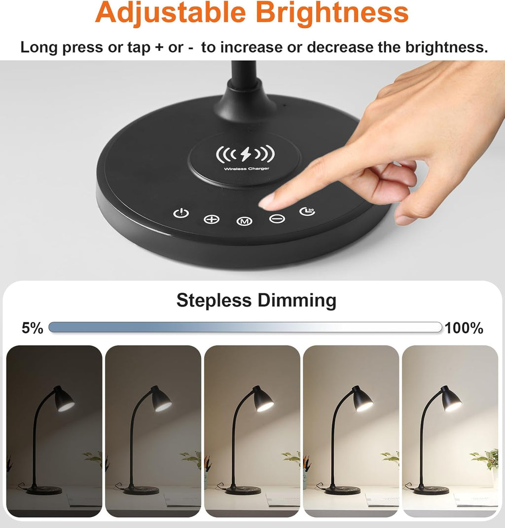 BOHON Desk Lamp for Home Office, LED Desk Light with USB C+A Charging Ports, Wireless Charger, 5 Colors Stepless Dimming Reading Light Timer, Touch Bedside Table Lamp for College Dorm Room Black