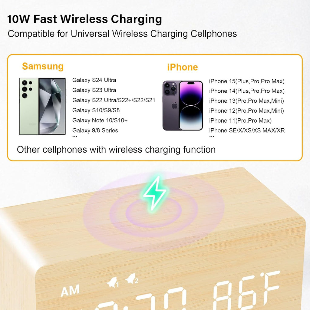 MOSITO Digital Wooden Alarm Clock with Wireless Charging, 0-100% Dimmer, Dual Alarm, Weekday/Weekend Mode, Snooze, Wood LED Clocks for Bedroom, Bedside, Desk, Kids (Bamboo)