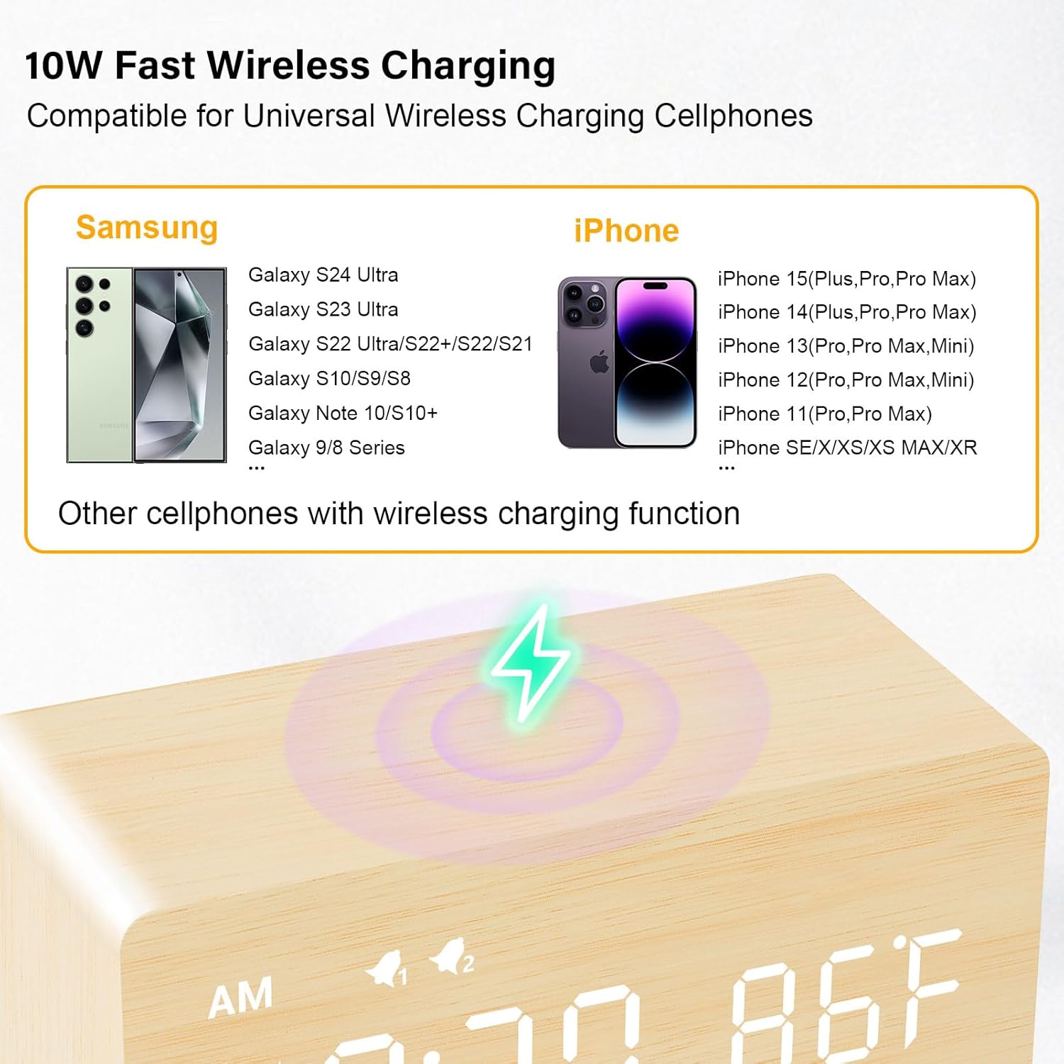 MOSITO Digital Wooden Alarm Clock with Wireless Charging, 0-100% Dimmer, Dual Alarm, Weekday/Weekend Mode, Snooze, Wood LED Clocks for Bedroom, Bedside, Desk, Kids (Bamboo)