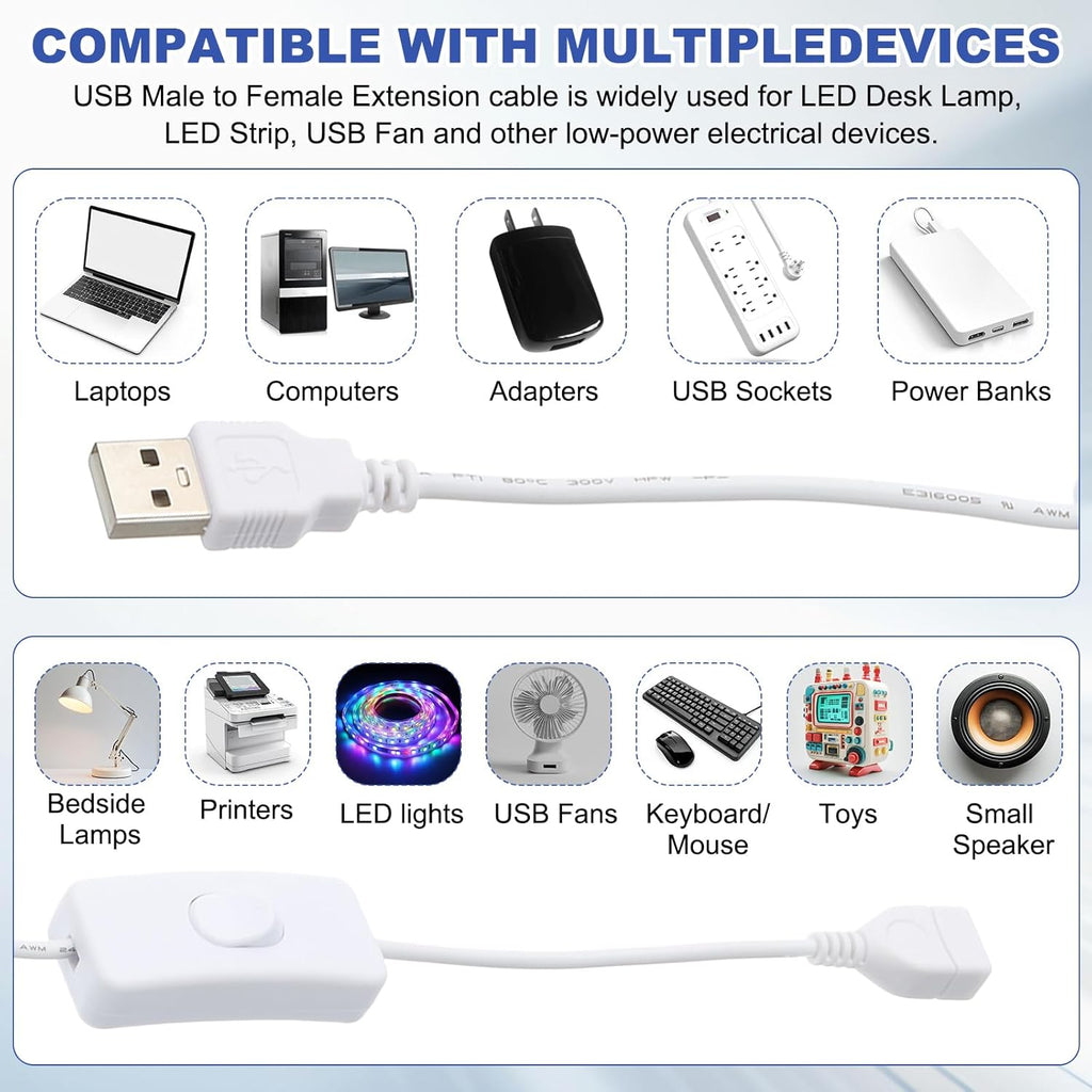 MECCANIXITY USB Extension Cable with ON/Off Toggle Switch 1m USB Male to Female Extension Cord for Desk Lamp Fan LED Light Strip White Pack of 1