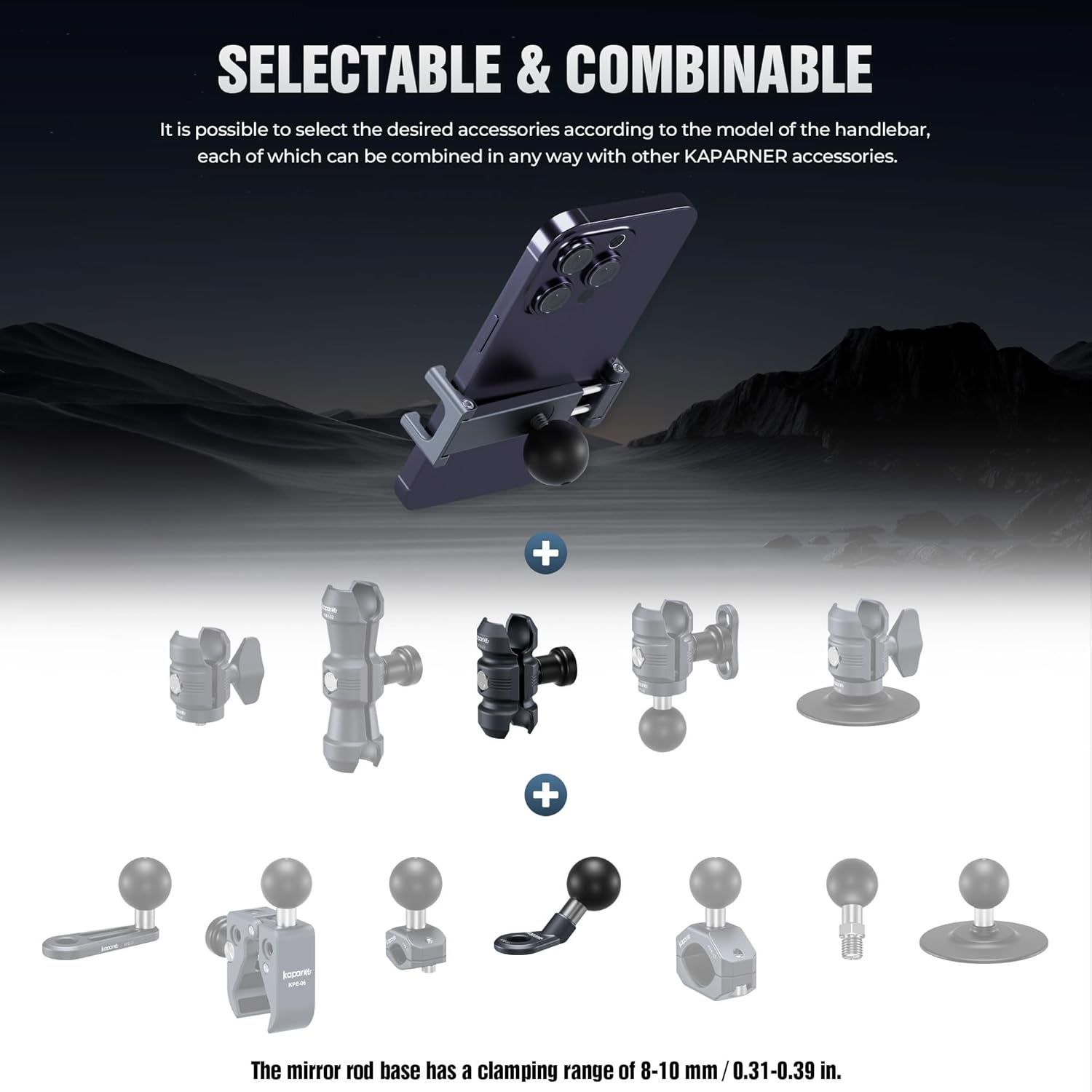 Motorcycle Phone Clip Kit, Anti-Theft Double Socket Arm/Angled Bolt-Head Adapter Ball Base for Mirrors Lever or Round Bar, Suitable for Width of 2.56-3.74" Phone (KPS-04)