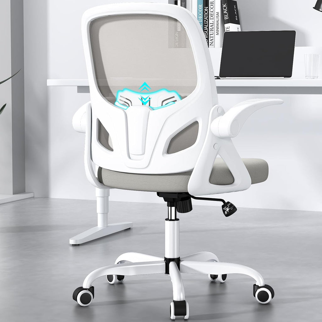 Home Desk Chair with Back Supportive Lumbar Support, Breathable Double Mesh Cushion Home Desk Office Chair with Flip up Arms, Modern Ergonomic Home Office Chair for Work(Gray)