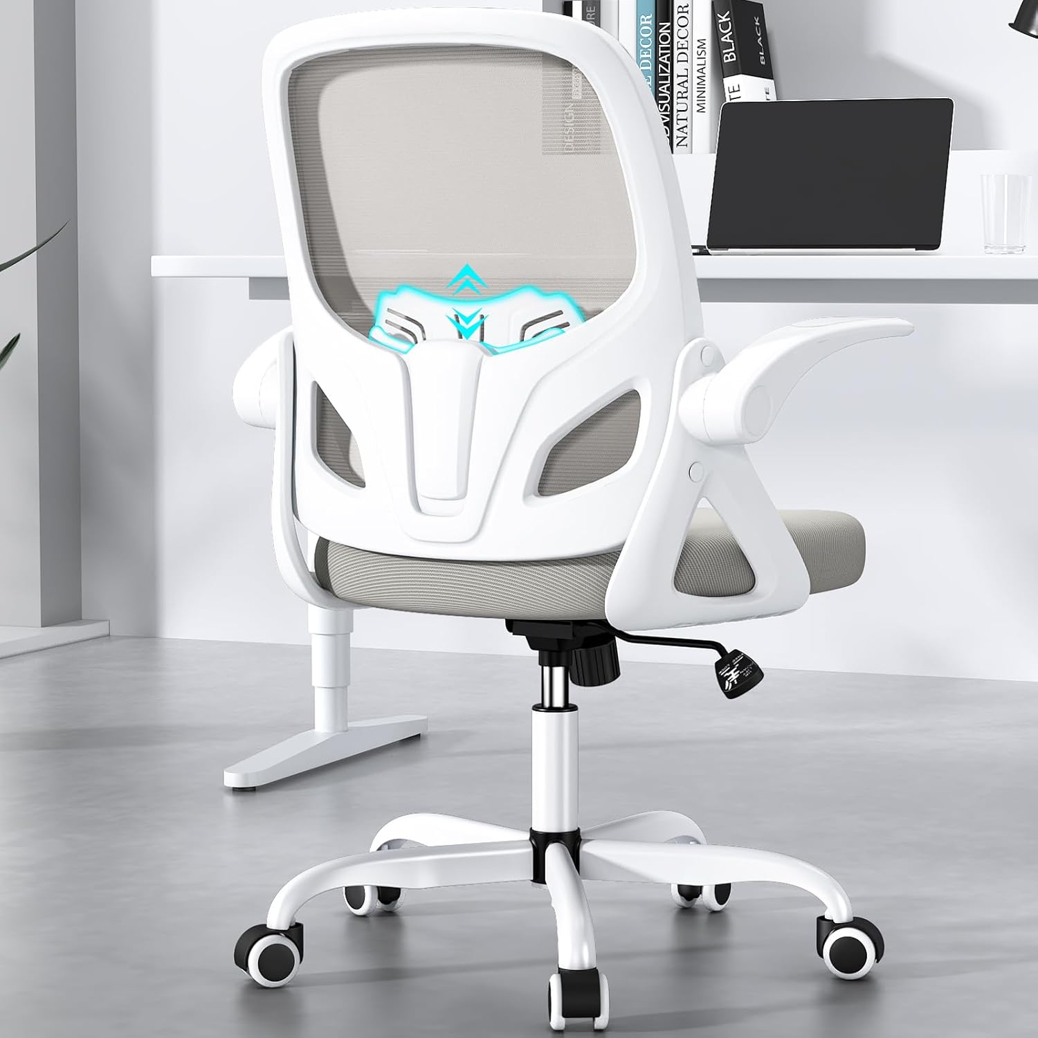 Home Desk Chair with Back Supportive Lumbar Support, Breathable Double Mesh Cushion Home Desk Office Chair with Flip up Arms, Modern Ergonomic Home Office Chair for Work(Gray)