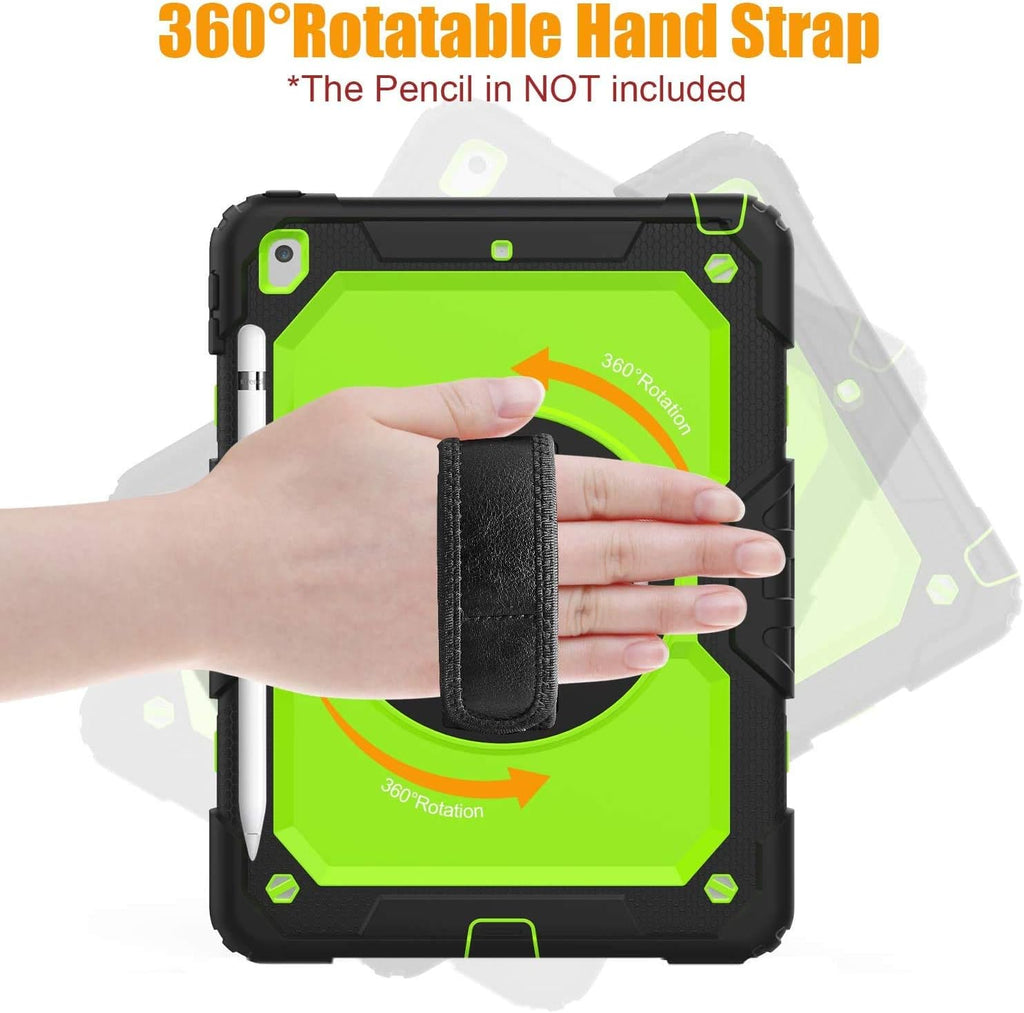 BLOSOMEET Case for iPad 9th/8th/7th Generation 2021/2020/2019 10.2 Inch with Tempered Glass Screen Protector & Pencil Holder,Protective Kids iPad 10.2 Case Cover w/Stand Hand Shoulder Strap,Green