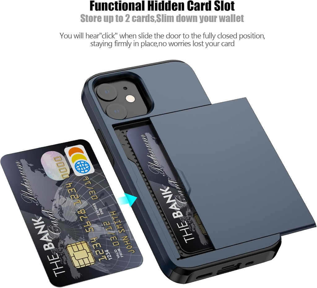 Nvollnoe for iPhone 12 Mini Case with Card Holder Heavy Duty Protective Dual Layer Shockproof Hidden Card Slot Slim Wallet Case for iPhone 12 Mini for Men&Women(Blue)