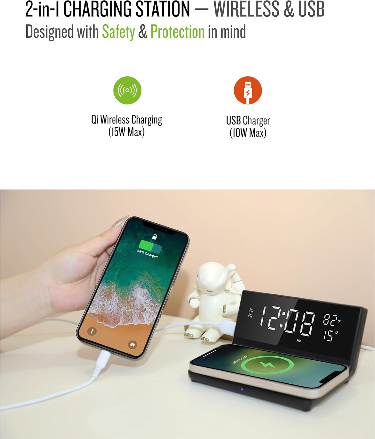 Soundfreaq Charge Rise II, SFQ-20: Digital Alarm Clock, with Dual Alarms, Fast USB Charger and Wireless Charger (Black)