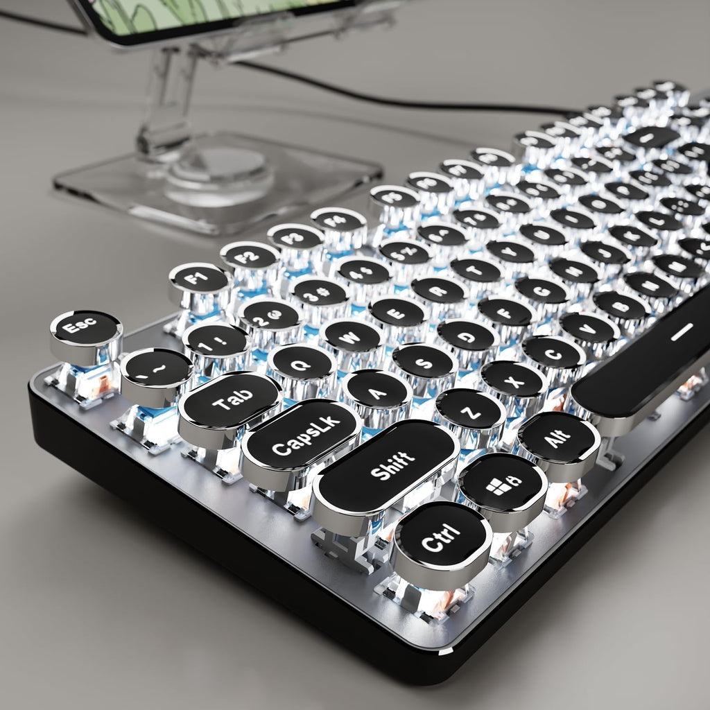 EWEADN TK100 Typewriter Keyboard Wired Mechanical Keyboard, 104 Keys Aesthetic Typewriter Keyboards with White Backlit, Anti-Ghosting, Blue Switch Wired Cute Keyboards-Black