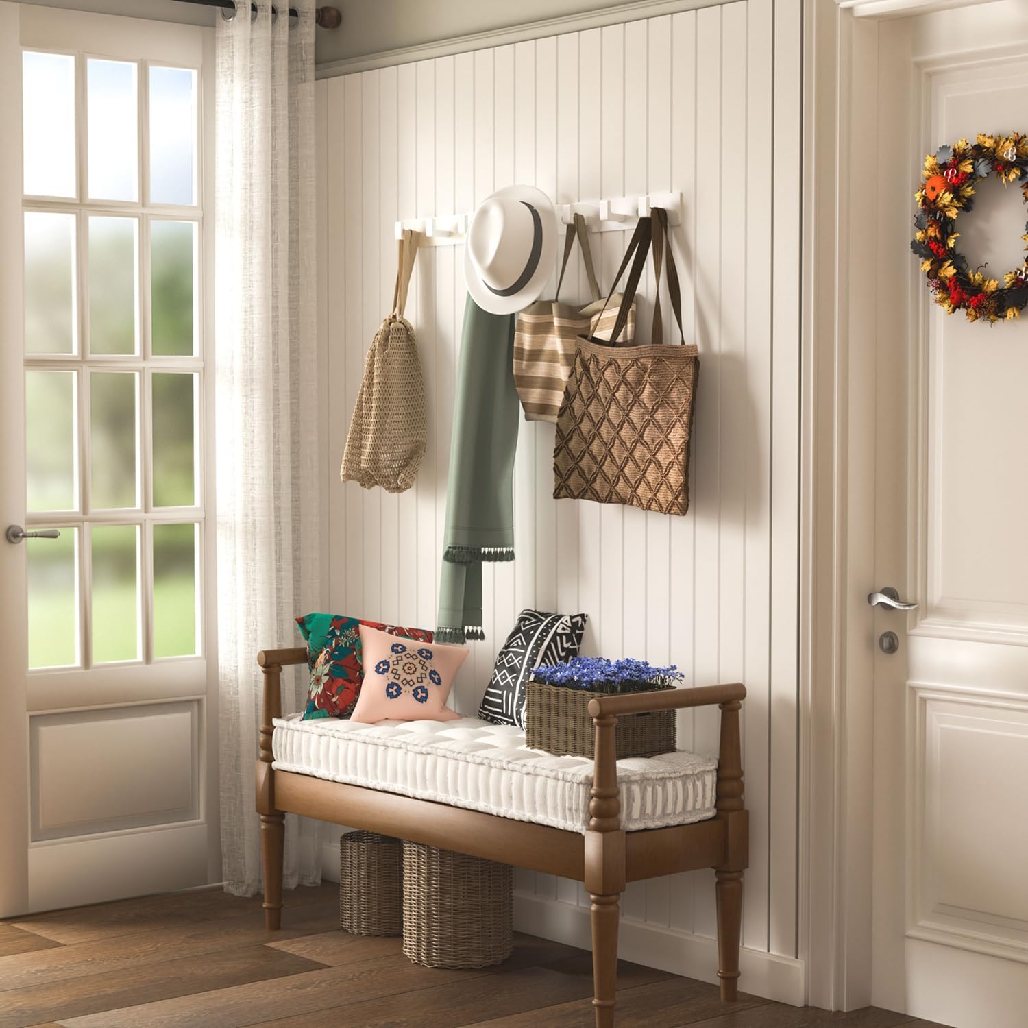 White Wall Mounted Coat Rack - 2 Modular Rails (25'' Total), 8 Right-Angle Hooks, Modern Organizer for Entryway, Bathroom, Bedroom, Holds Coats, Towels, Hats
