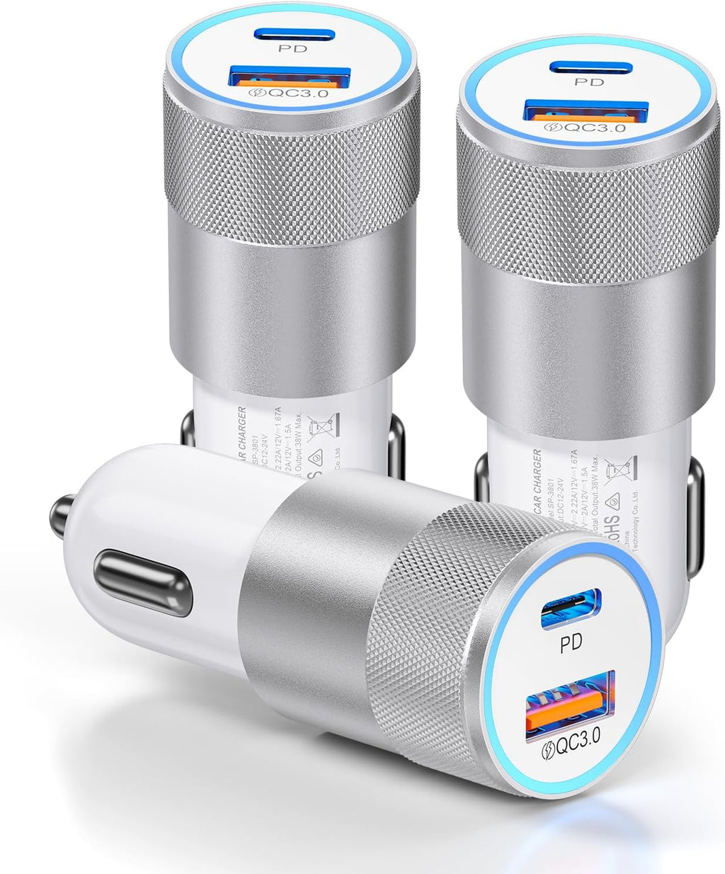 3-Pack Car Charger, Ancekoy 38W Dual Port Fast Charge PD & QC 3.0 Car Adapter Cigarette Lighter USB Plug for iPhone 16/15/14/13 Pro Max, iPad, Galaxy S25/S24/S23 and More (White)