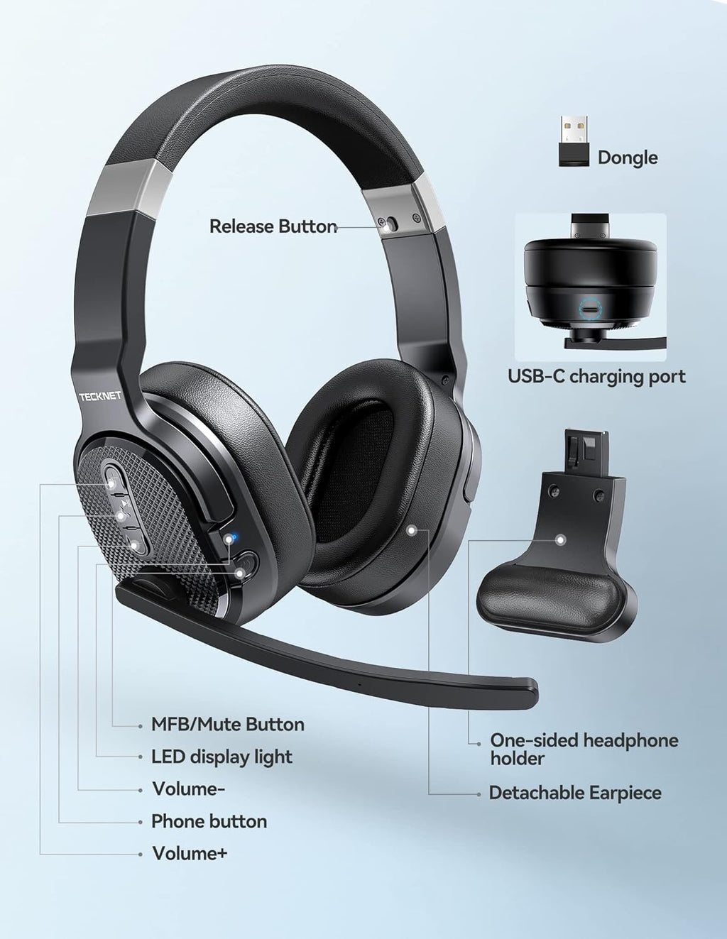 TECKNET Bluetooth Trucker Headset, Single and Dual Ear Wireless Headset with Mic for Work Noise Cancelling, 50Hrs 3 EQ Music Modes Trucker Bluetooth Headphones for PC, Drivers, Office, Call Center
