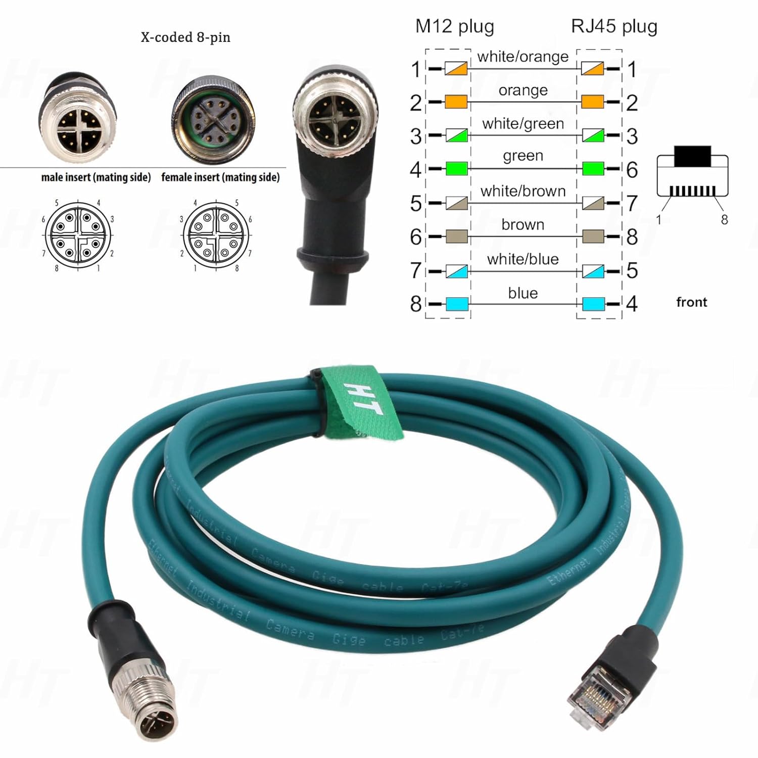 M12 Ethernet 8 Pin X Coded RJ45 CAT7e GigE Cable for Basler Cognex Vision Camera Sensor High Speed Network Switch Router PLC 30cm