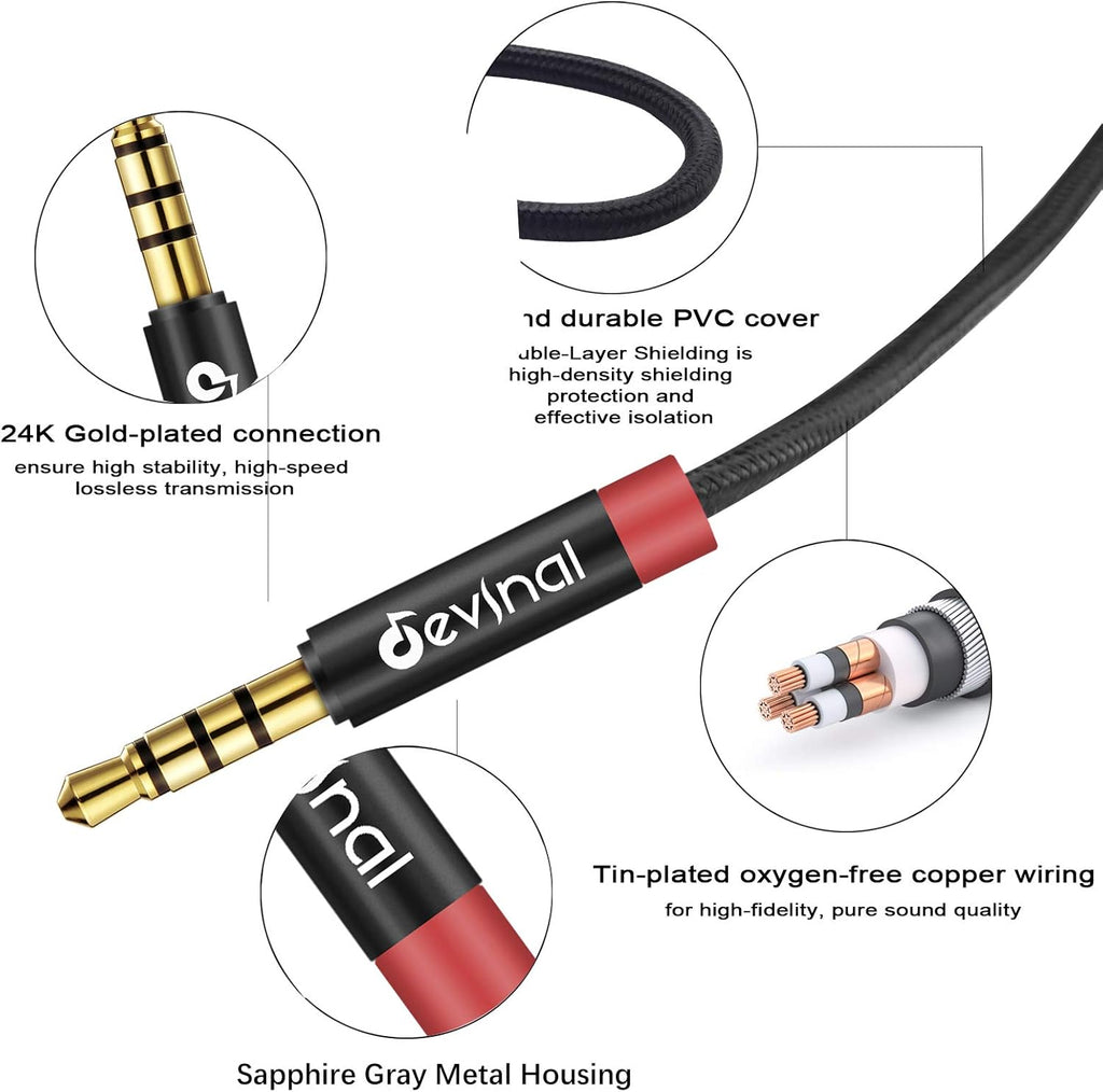 Devinal 3.5mm TRRS Headphone Extension Cable, 1/8" inch Female 4-Pole to Male Extension Cord, Mini-Jack Aux Stereo Audio Connector 6.6Ft/2M (2 Pack)