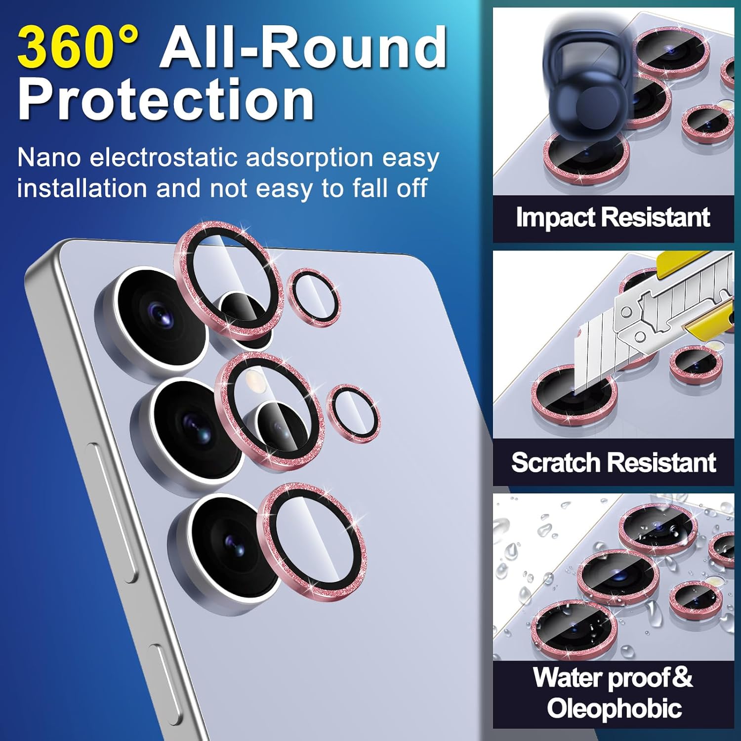 for Samsung Galaxy S25 Ultra Camera Lens Protector, Individual Metal Ring Tempered Glass Lens Cover, [Strong Adsorption] Scratch Resistant Ultra-Thin HD Clear Lens Cover, 1 Set-Pink Sparkly