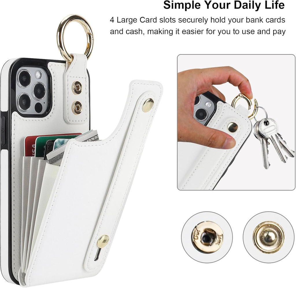 Folosu for iPhone 12/12 Pro Wallet Case with Card Holder, Hand Wrist Strap Loop Holder Kickstand, RFID Blocking Finger Grip Ring PU Leather Double Buttons Shockproof Cover 6.1 Inch (White)