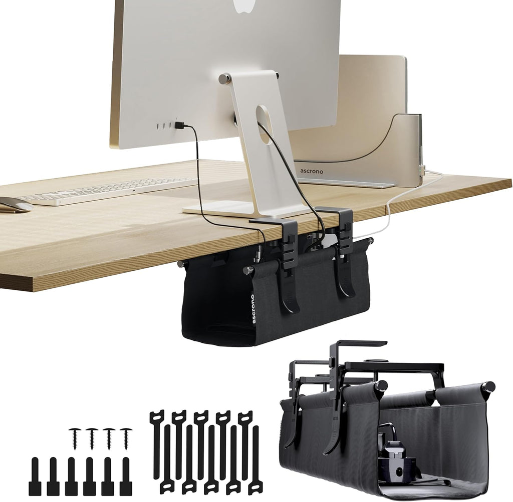 Ascrono Original No Drill Under Desk Cable Management Tray 14.1" - Premium Black Fabric Cable Management Under Desk - Clamp/Screw Mount Cord Organizer - Supports Upto 66lbs