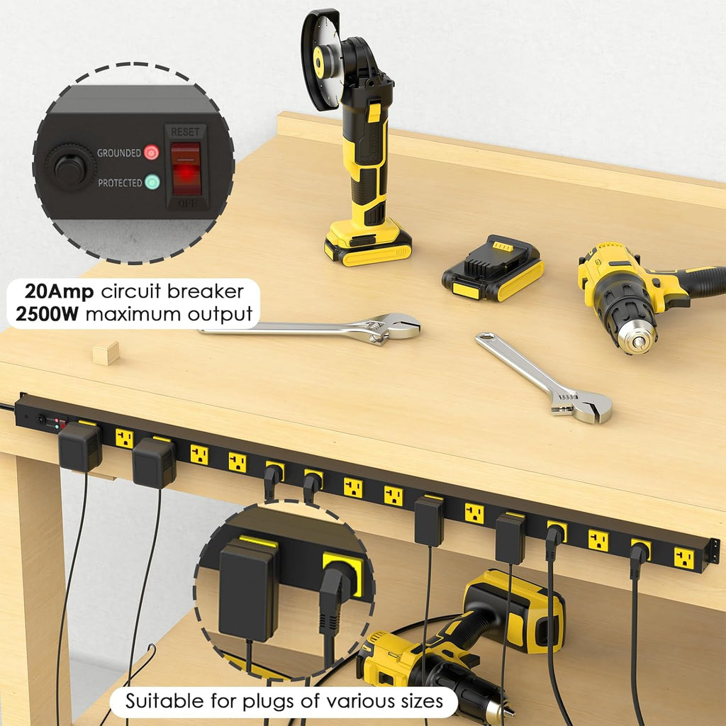 JUNNUJ Long Metal 16 Outlet Power Strip, Heavy Duty Power Strips Surge Protection 4800J with Circuit Breaker, 20a Wide Spaced Socket Wall Mount 5-15P Adapter High Amp 6-20R T-Slot 10FT Extension Cord