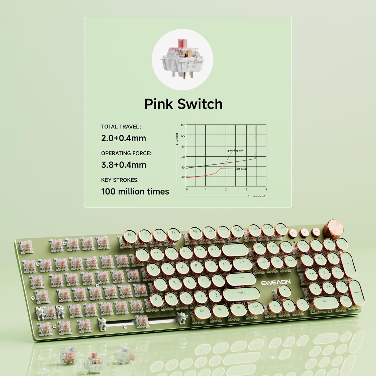 EWEADN V20 Typewriter Keyboard Wireless, 104 Keys Typewriter Style Mechanical with White Backlit, Media Knob, Pink Switch 2.4G/Bluetooth/USB-C Wired Retro Full Size Keyboard for Windows/Mac/PC-Green