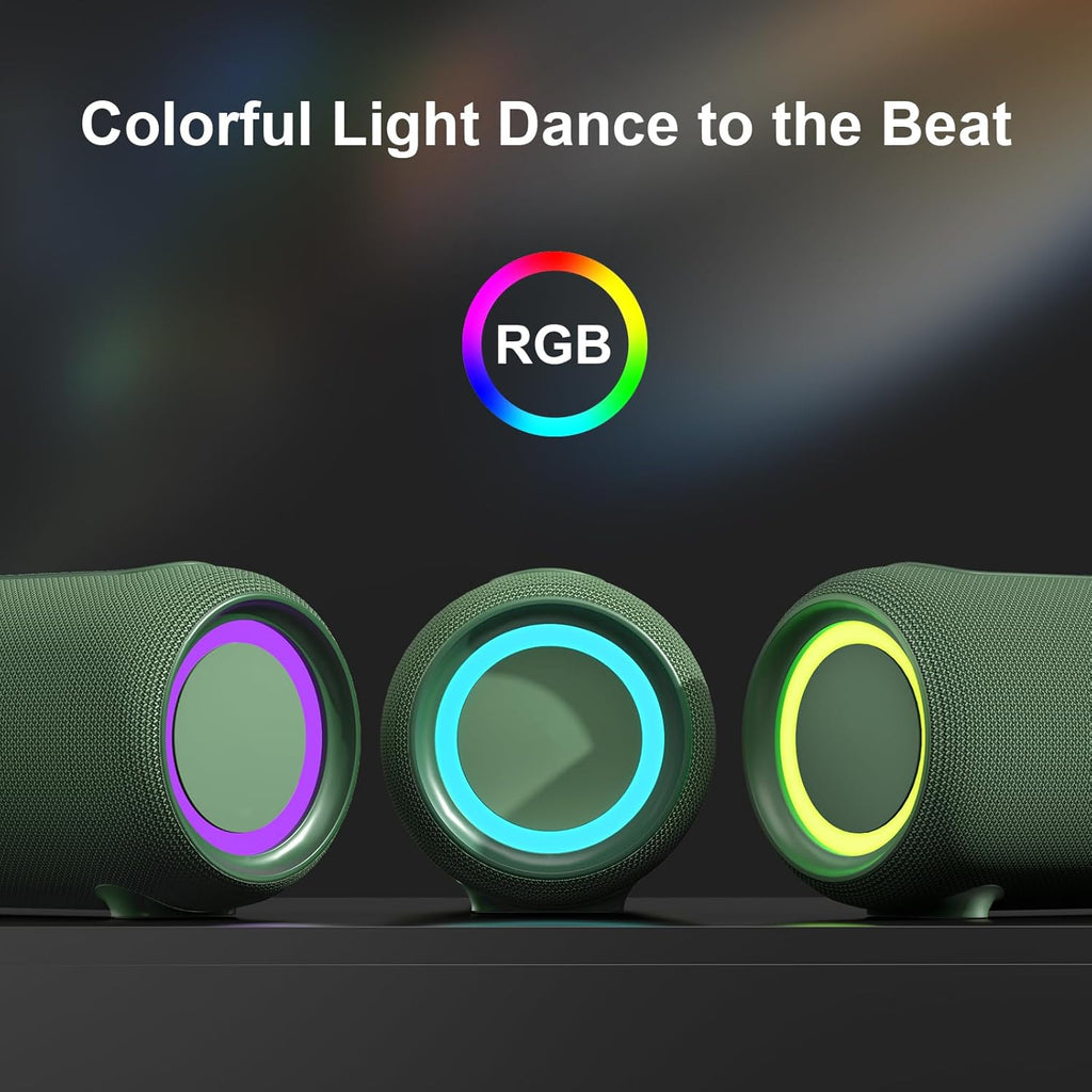 Passau Portable Bluetooth Speakers 40W Peak Loud Stereo Sound, Passive Radiators-Deep Bass, All Day Playtime, Adjustable Strap, BT5.3, IPX5 Wireless Speaker RGB Lights for Indoor Outdoor-Green