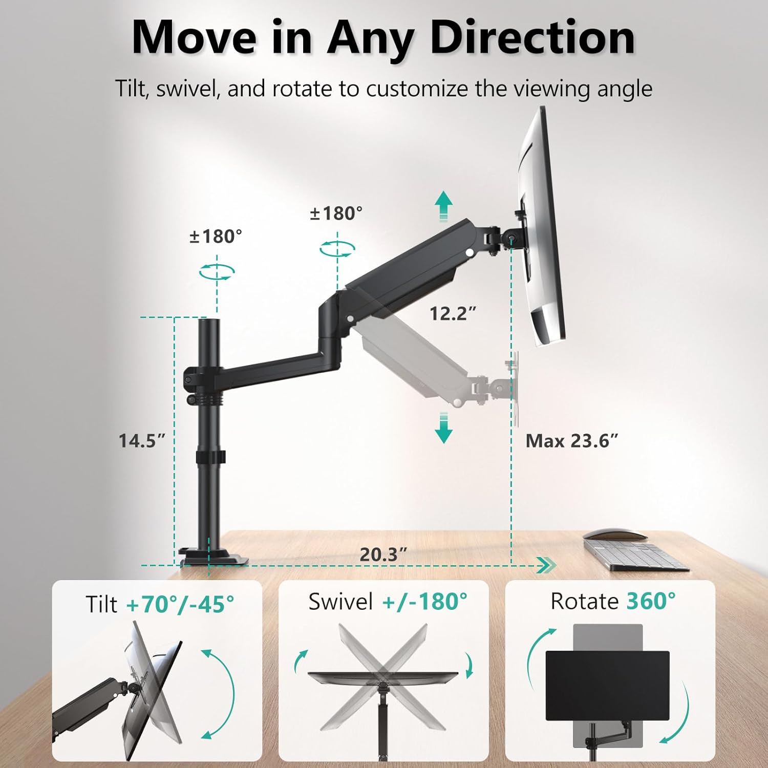 WALI Single Monitor Arm 13-32 Inch, Single Monitor Mount, Vesa Desk Mount up to 19.8lbs Gas Spring Arm with Clamp, VESA 75x75mm or 100x100mm Compatibility(GSDM001), Black