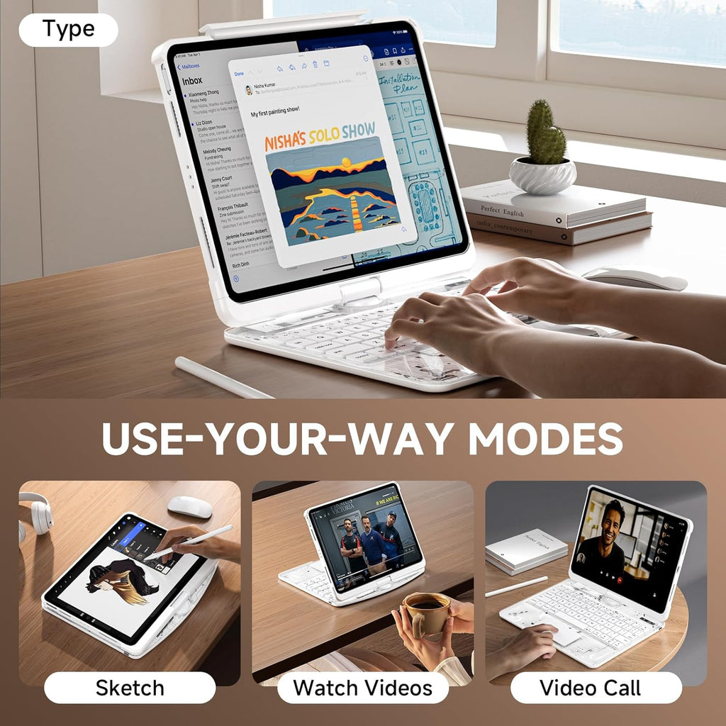 Transparent Case with Keyboard for iPad 11th Gen 11 Inch.(A16, 2025) & 2022 iPad 10th Gen 10.9 Inch,7-Color Backlit,Wireless Keyboard, 360°Rotating,with trackpad,Pencil Holder,with Shortcuts,White