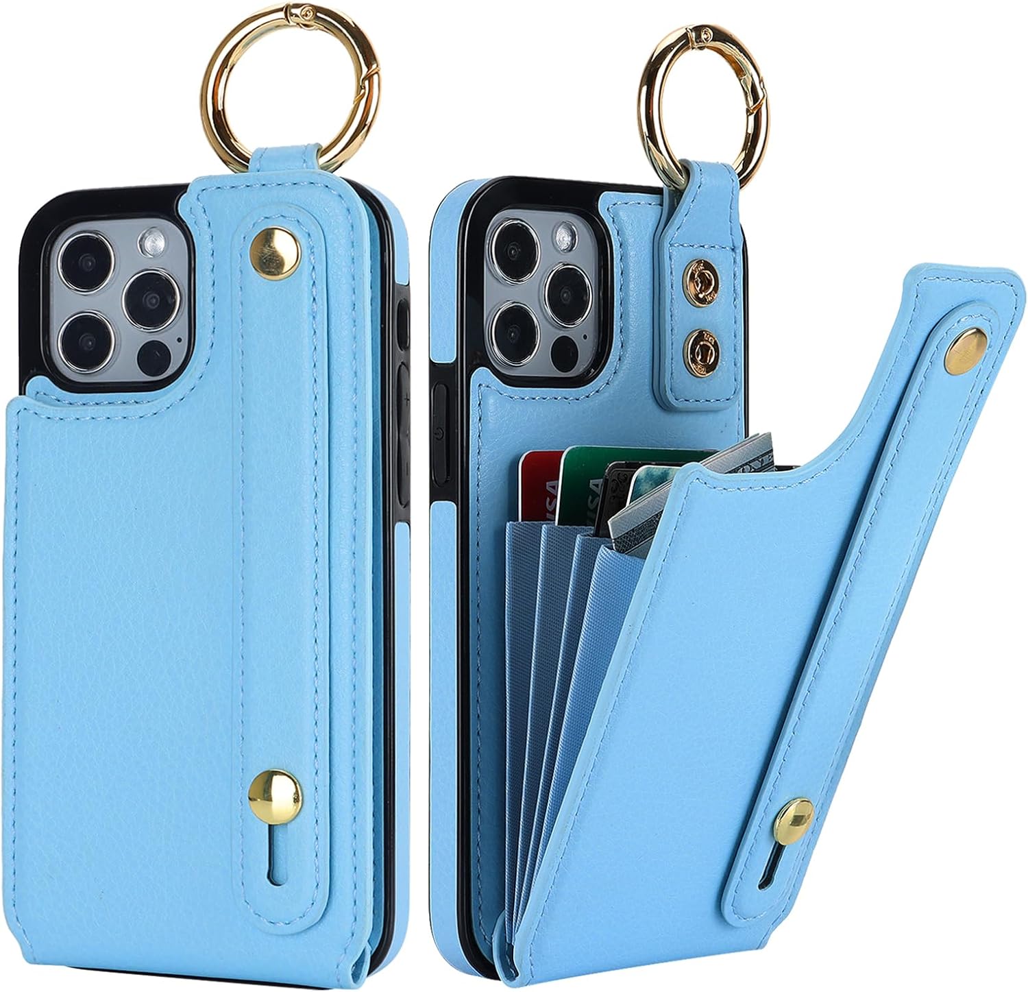 Folosu for iPhone 12/12 Pro Wallet Case with Card Holder, Hand Wrist Strap Loop Holder Kickstand, RFID Blocking Finger Grip Ring PU Leather Double Buttons Shockproof Cover 6.1" Blue