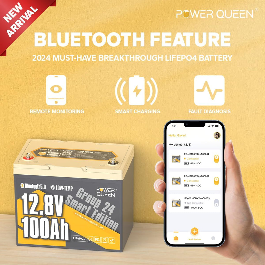 Power Queen Bluetooth 12V 100Ah LiFePO4 Battery with 14.6V10A LiFePO4 Battery Charger, Group 24 Deep Cycle Battery, 100A BMS with Low-Temp Cut-Off Protection for RV, Trolling Motors, Solar System