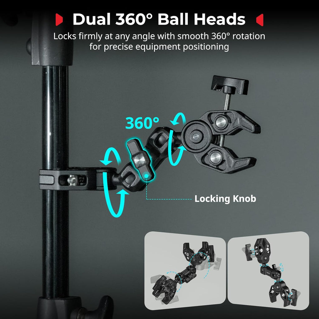 SMALLRIG Double Super Clamp Mount with Magic Arm, 360° Ballhead Pole Clamp for Umbrella, Chair Monitor Desk Photo Studio Light Stand, Photography Reflector, Motorcycle,Tripod Mount for Cross Bar