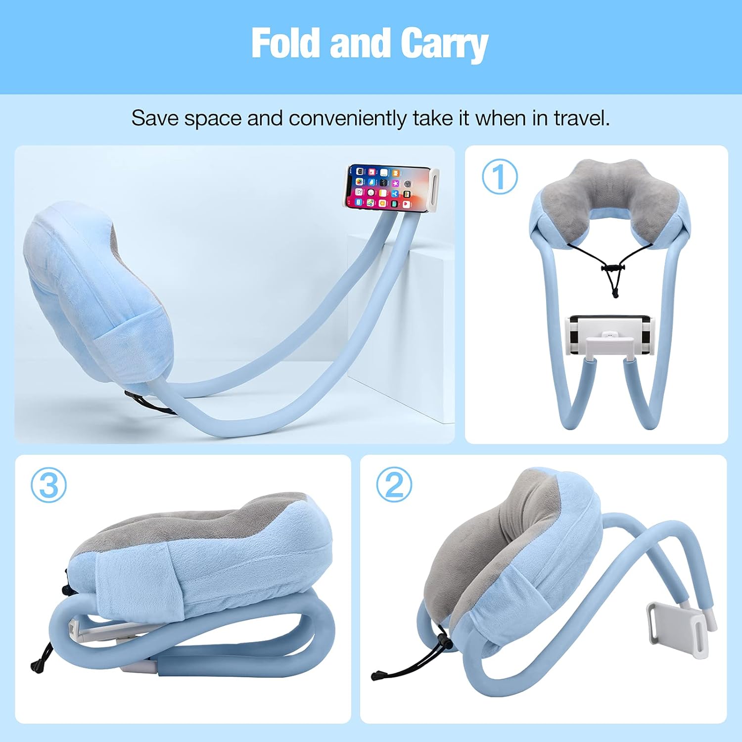 Moko Neck Phone Holder, Lazy Gooseneck Phone Pillow Holder Bracket,360°Rotation Universal Mobile Phone Tablet Stand for 4"-11" Devices, fits iPhone 12/12 Pro Max, Galaxy S21,iPad Air/Pro 11, Blue
